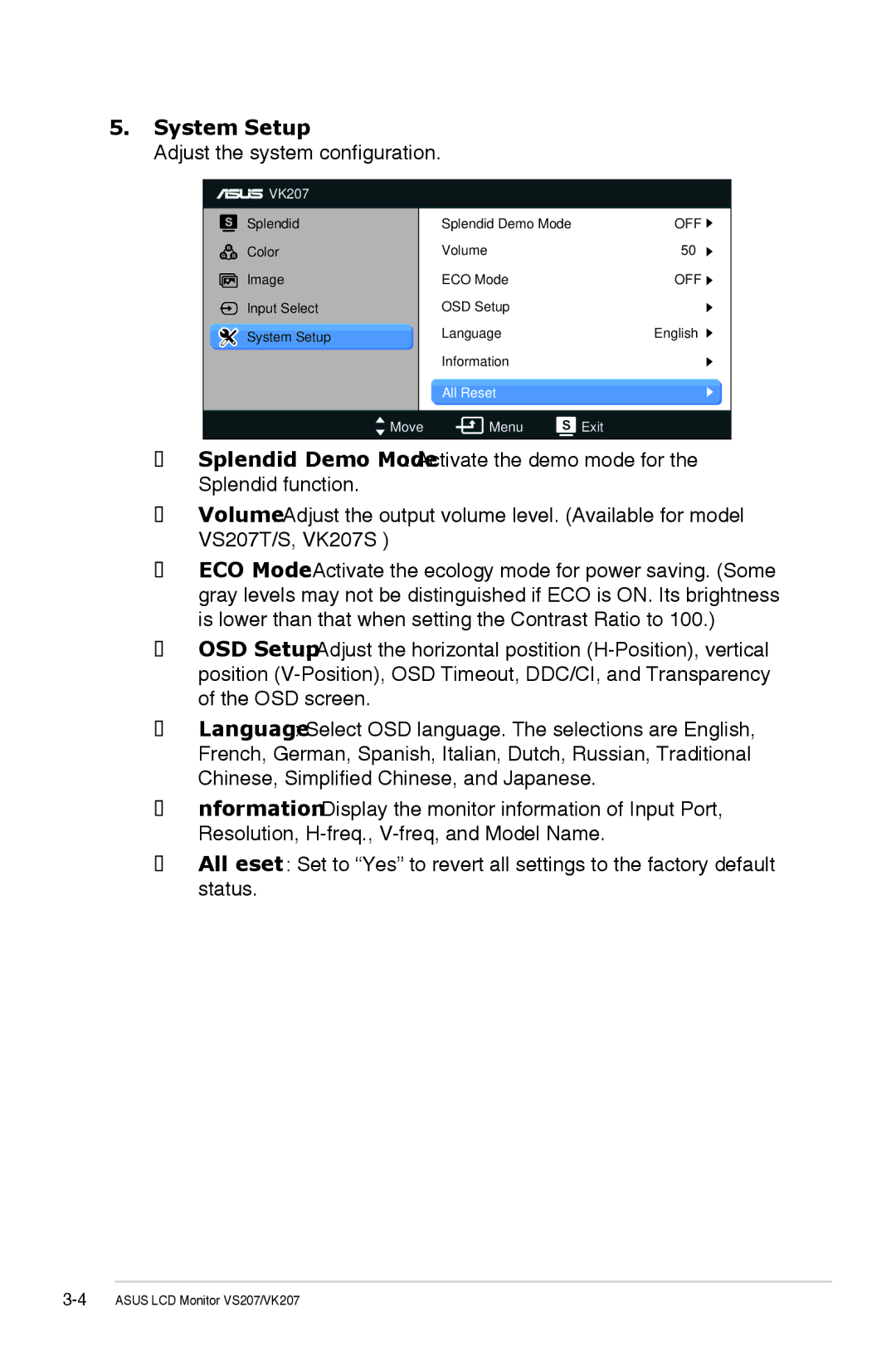 Asus VS207TP manual System Setup, Adjust the system configuration 