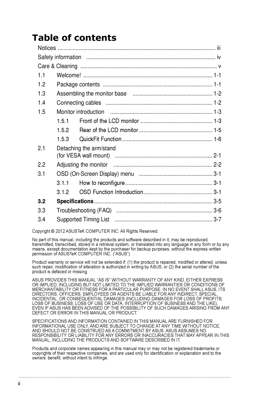 Asus VS207TP manual Table of contents 