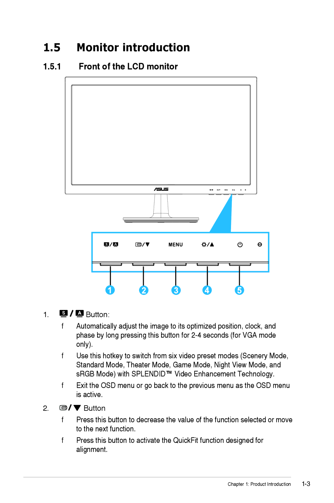 Asus VS207TP manual Monitor introduction, Front of the LCD monitor 