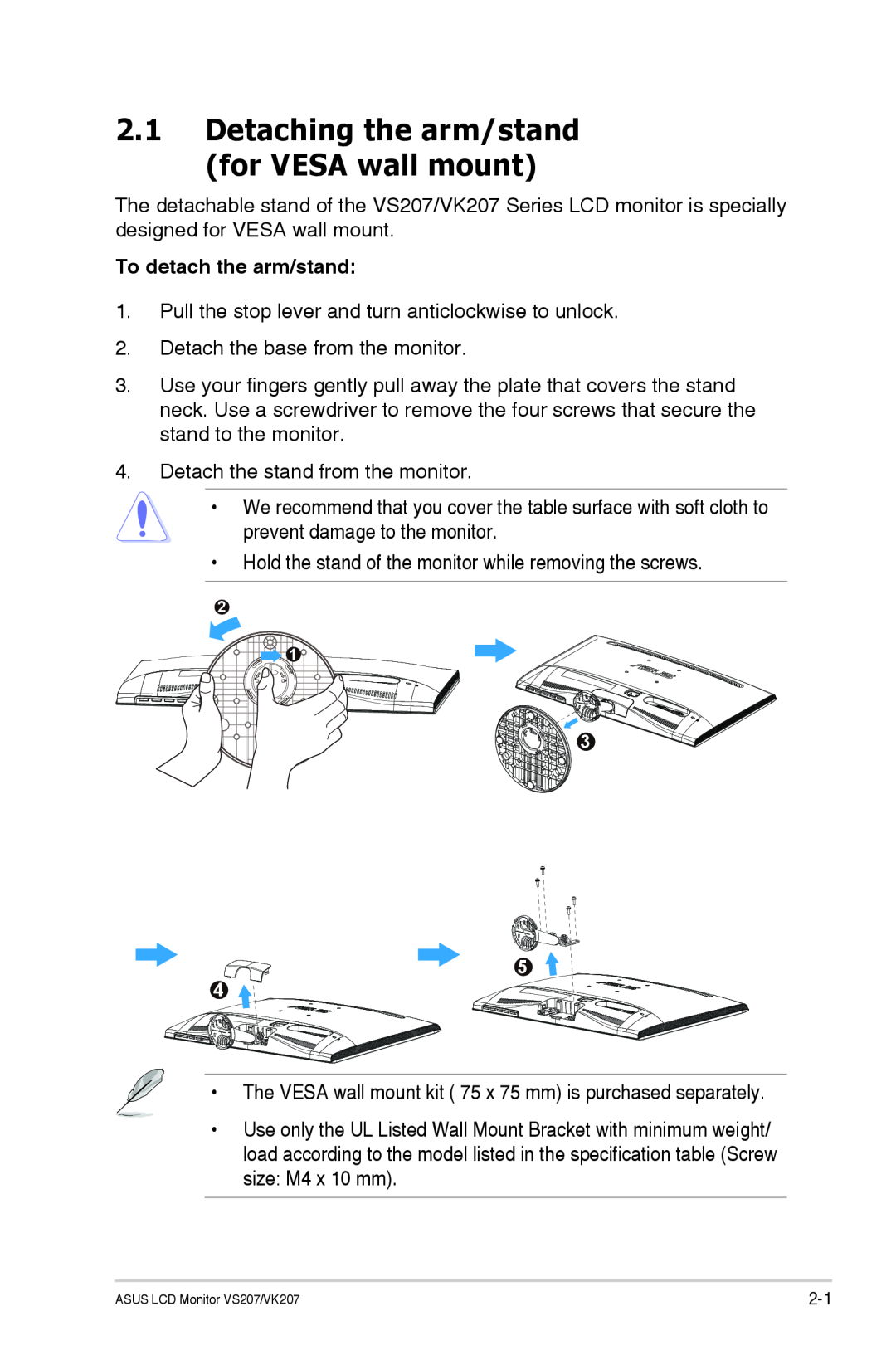 Asus VS207TP manual Detaching the arm/stand for VESA wall mount, To detach the arm/stand 