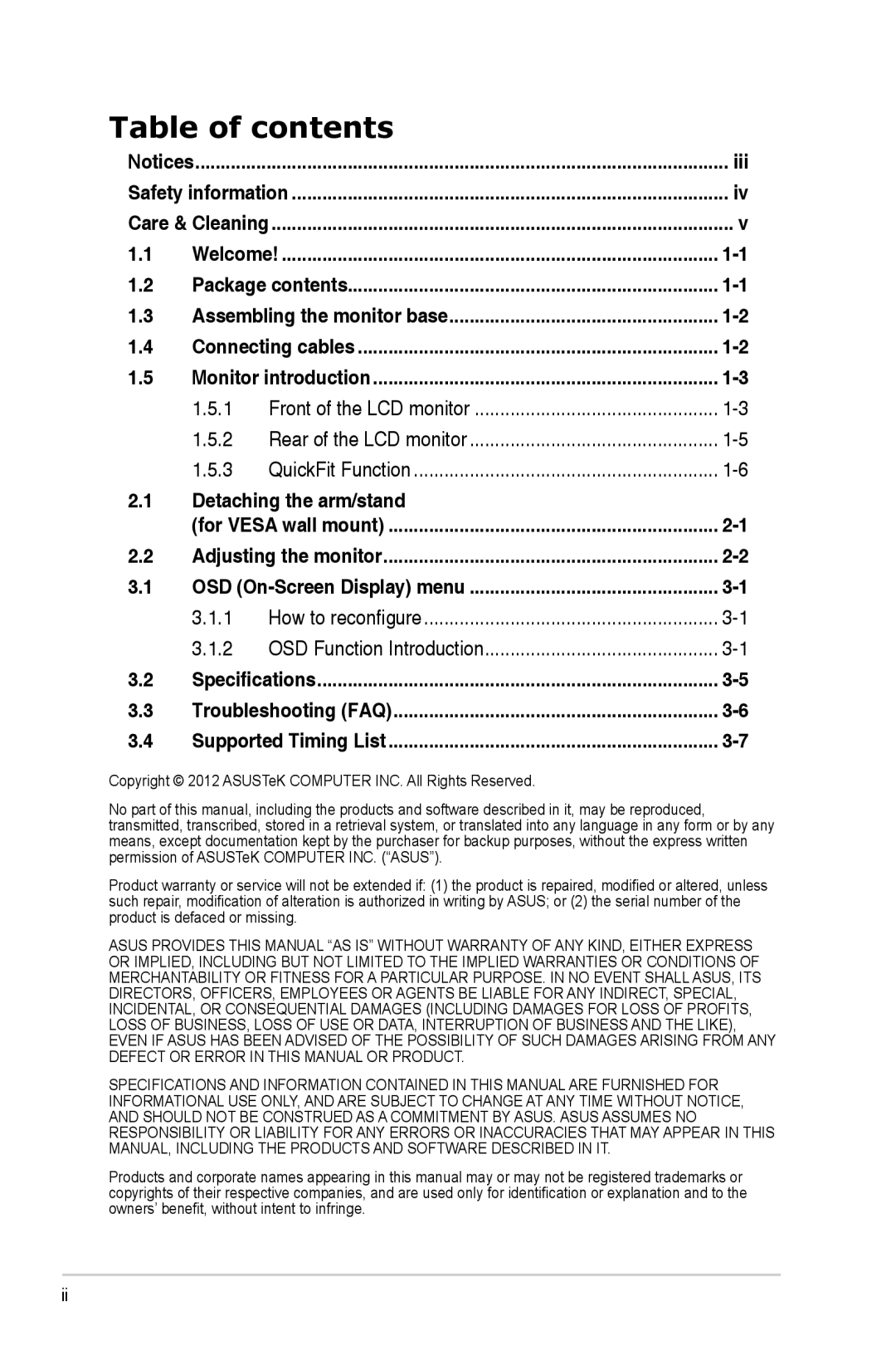 Asus VS207TP manual Table of contents, 1.5.1, 1.5.2, 1.5.3, Detaching the arm/stand, 3.1.1, 3.1.2 