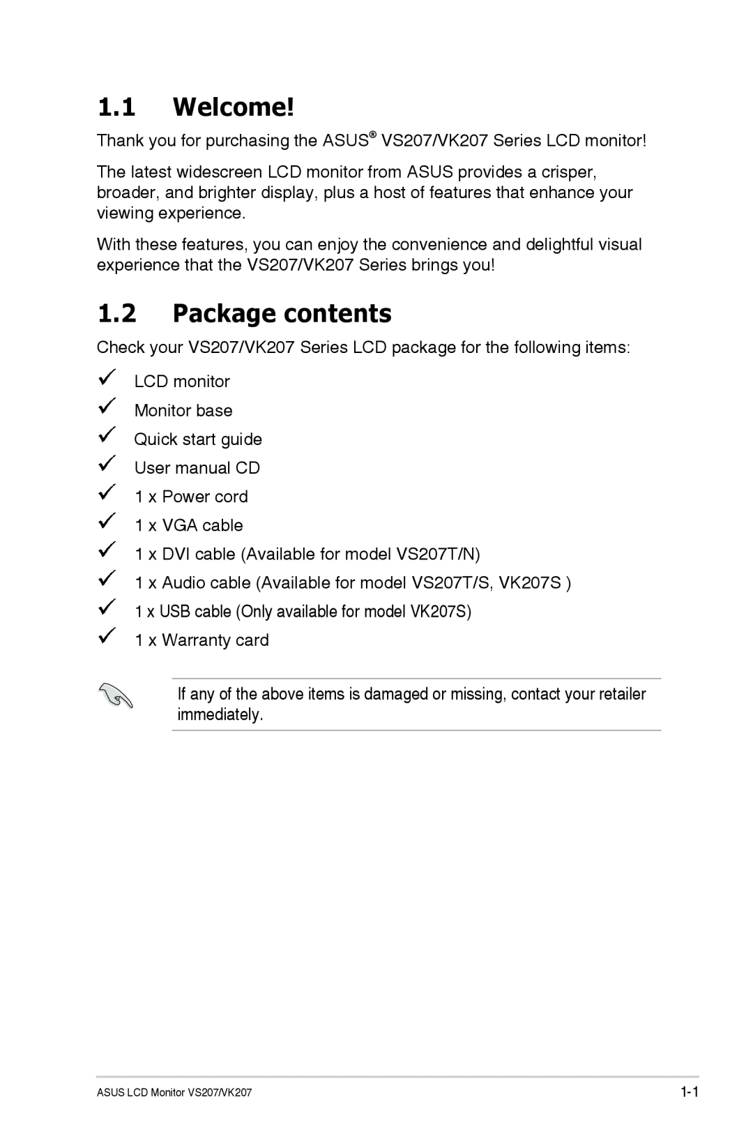 Asus VS207TP manual Welcome, Package contents 