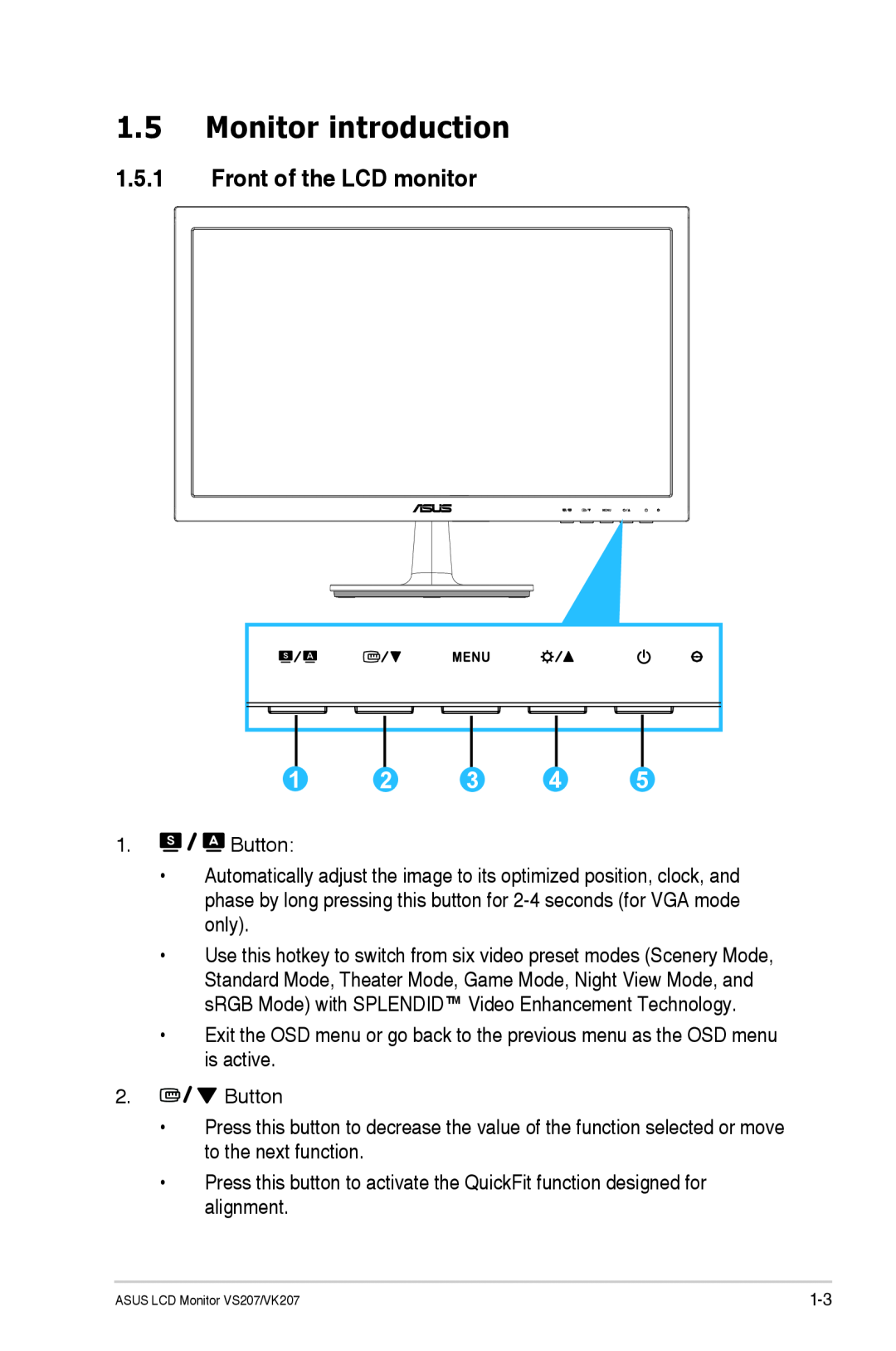 Asus VS207TP manual Monitor introduction, Front of the LCD monitor 