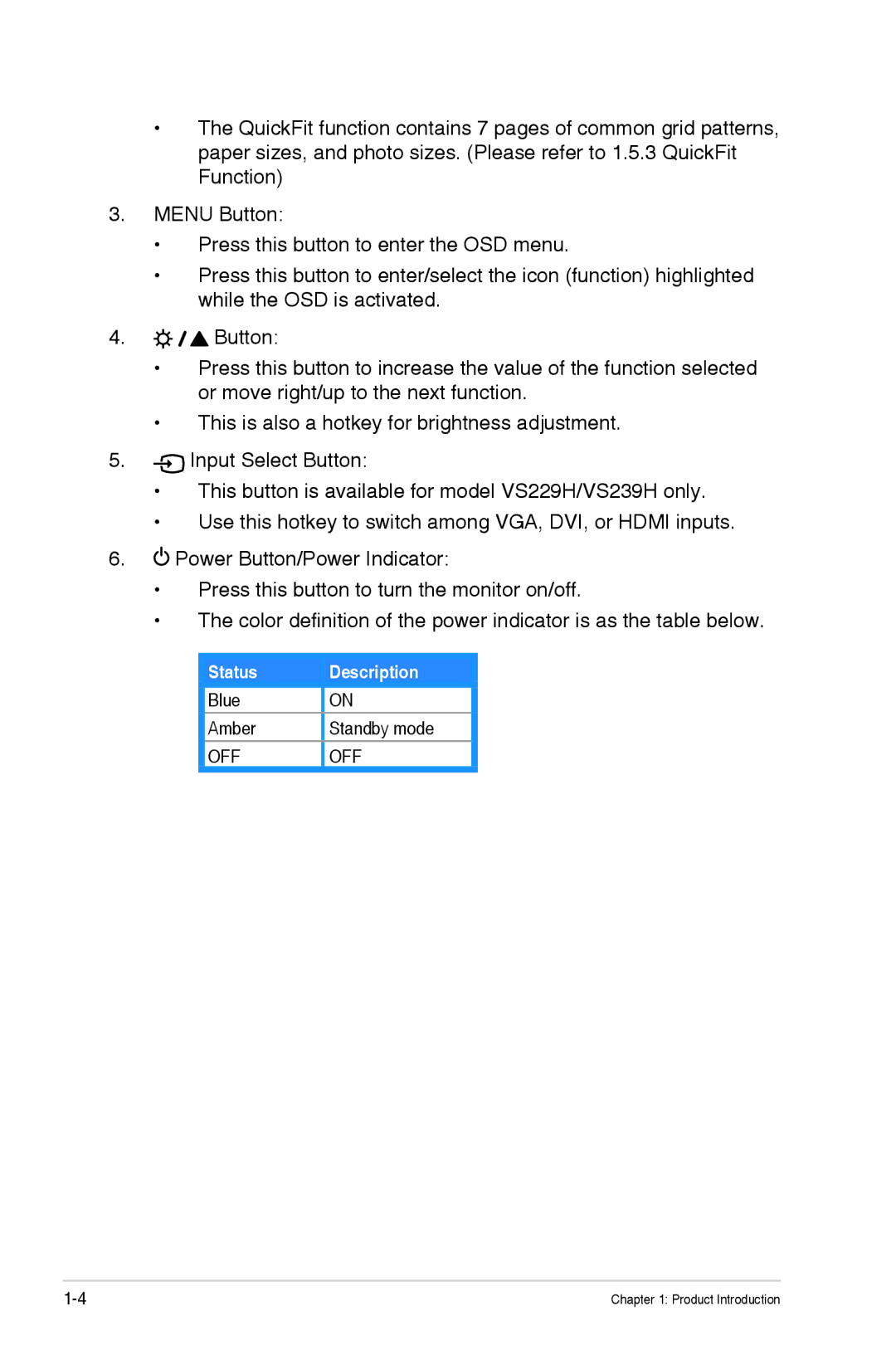 Asus VS229HP manual Status Description 