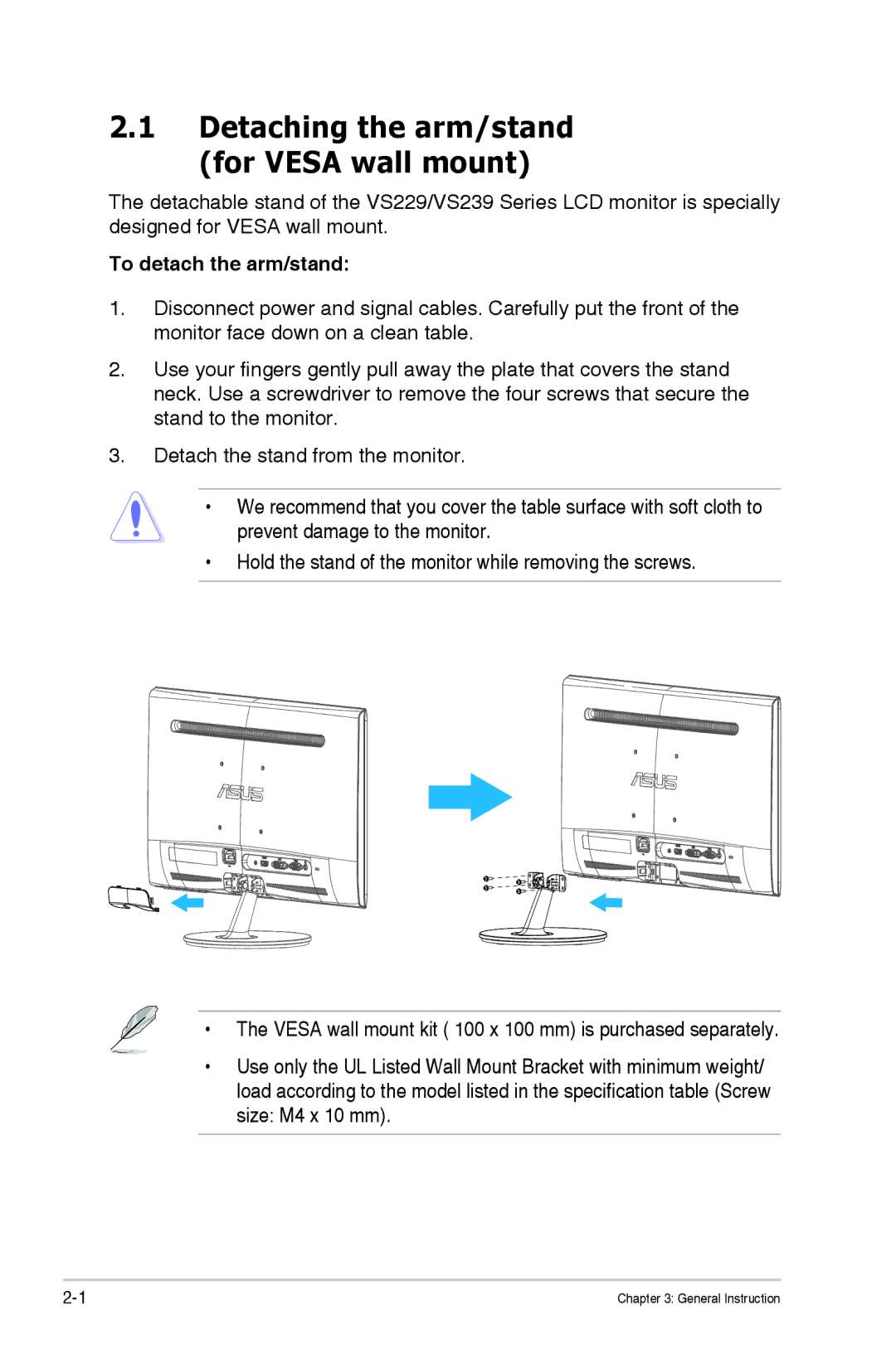 Asus VS229HP manual Detaching the arm/stand for Vesa wall mount, To detach the arm/stand 