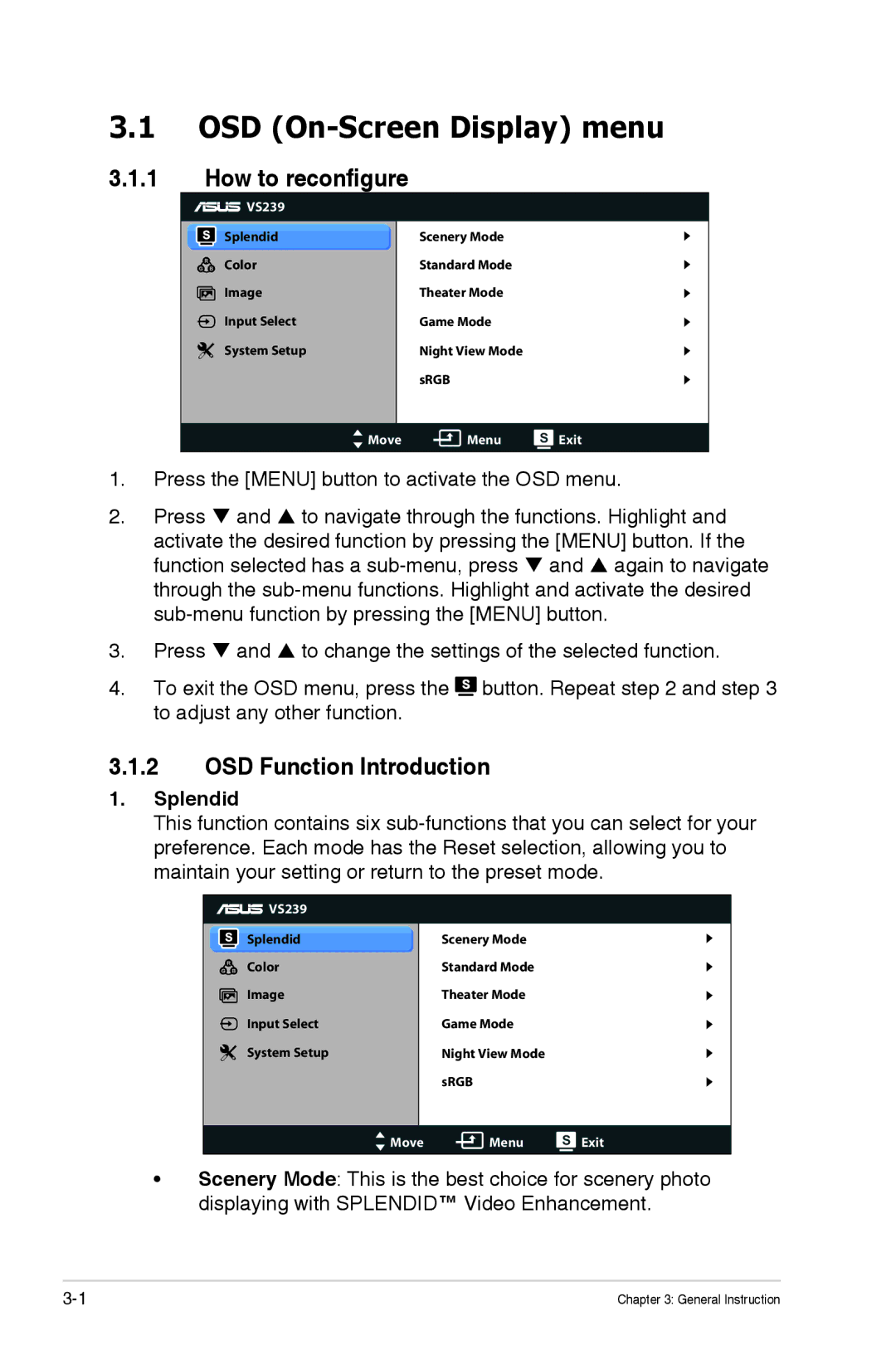 Asus VS229HP manual OSD On-Screen Display menu, How to reconfigure, OSD Function Introduction, Splendid 