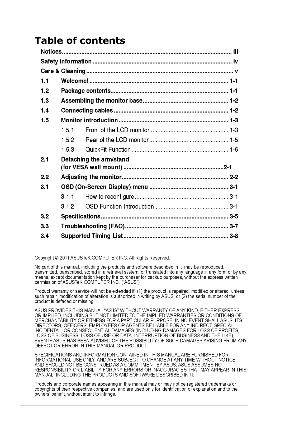 Asus VS229HP manual Table of contents 