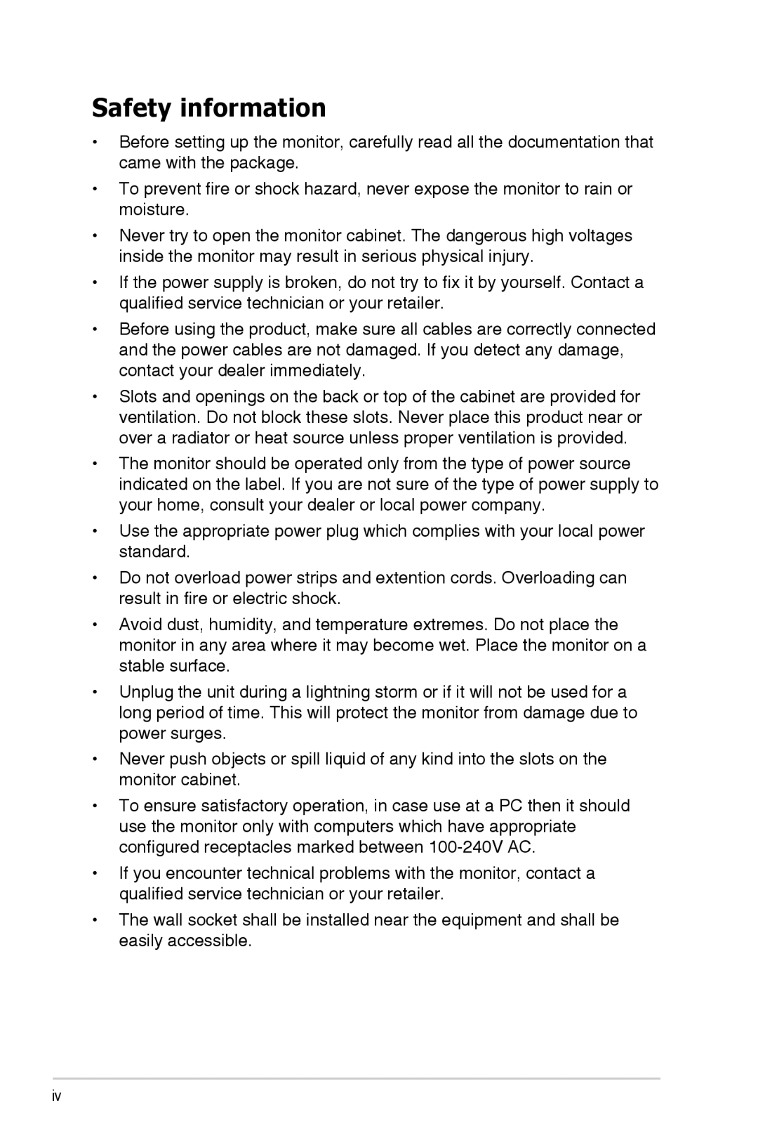 Asus VS229HP manual Safety information 