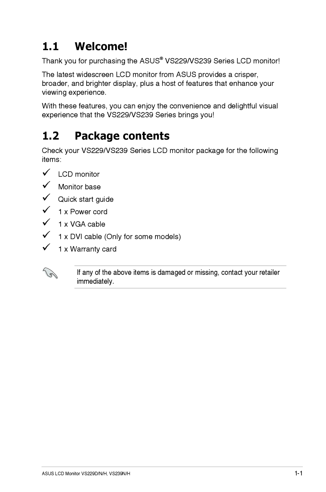 Asus VS229HP manual Welcome, Package contents 