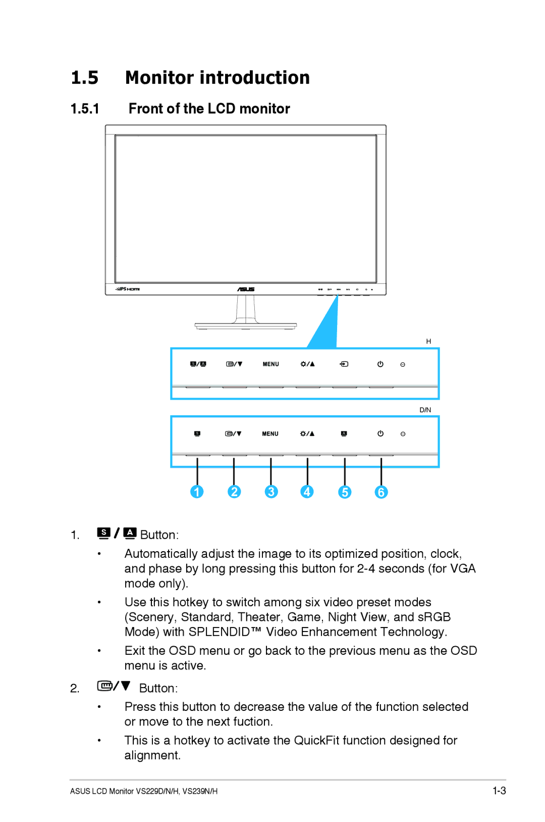 Asus VS229HP manual Monitor introduction, Front of the LCD monitor 