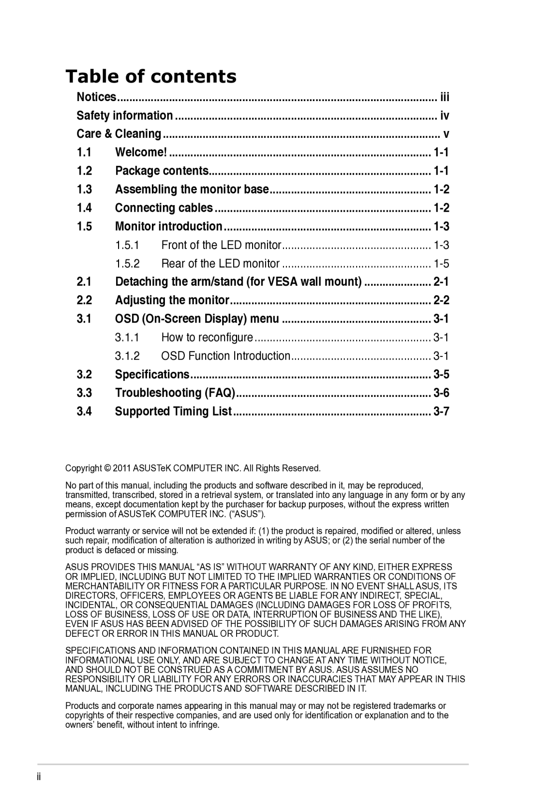 Asus VS228D/N/H, VS238N/H, VS247N/H manual Table of contents 