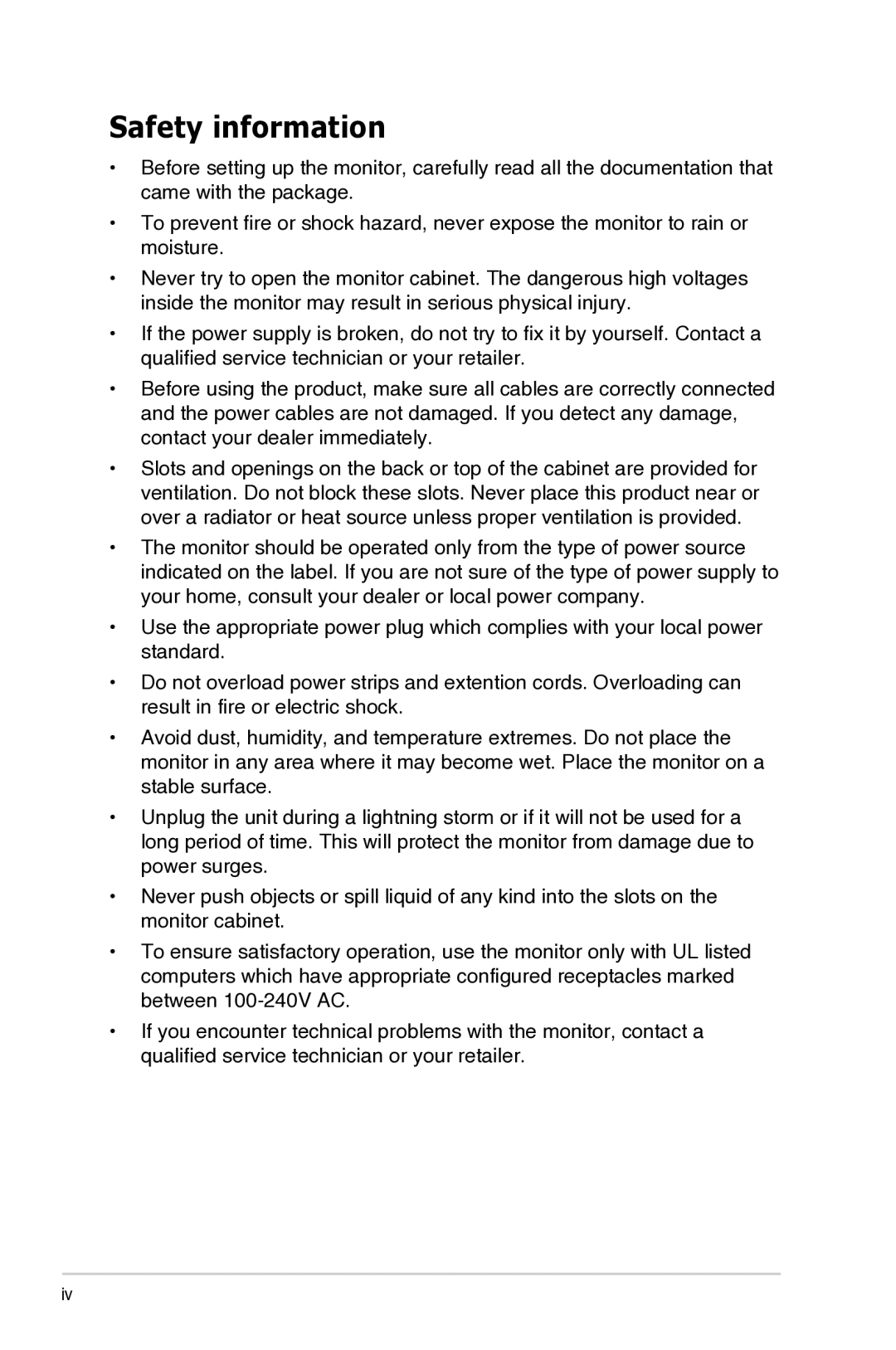 Asus VS247N/H, VS238N/H, VS228D/N/H manual Safety information 