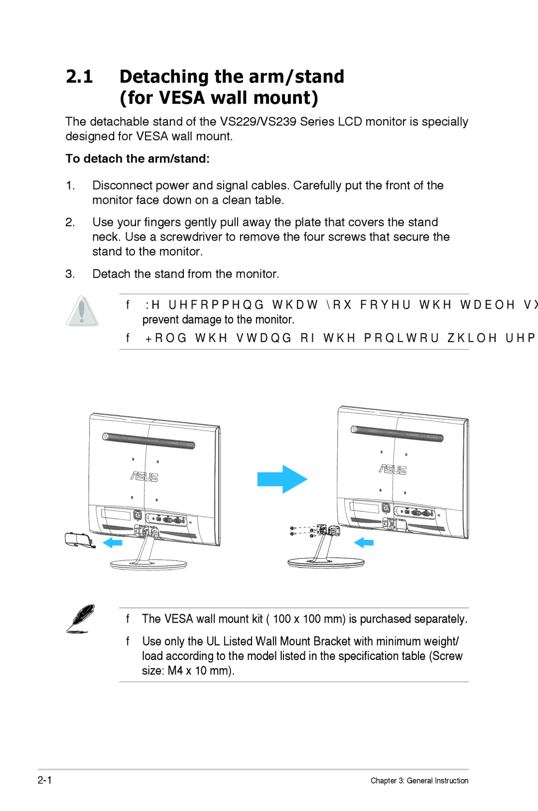 Asus VS239H-P manual Detaching the arm/stand for Vesa wall mount, To detach the arm/stand 