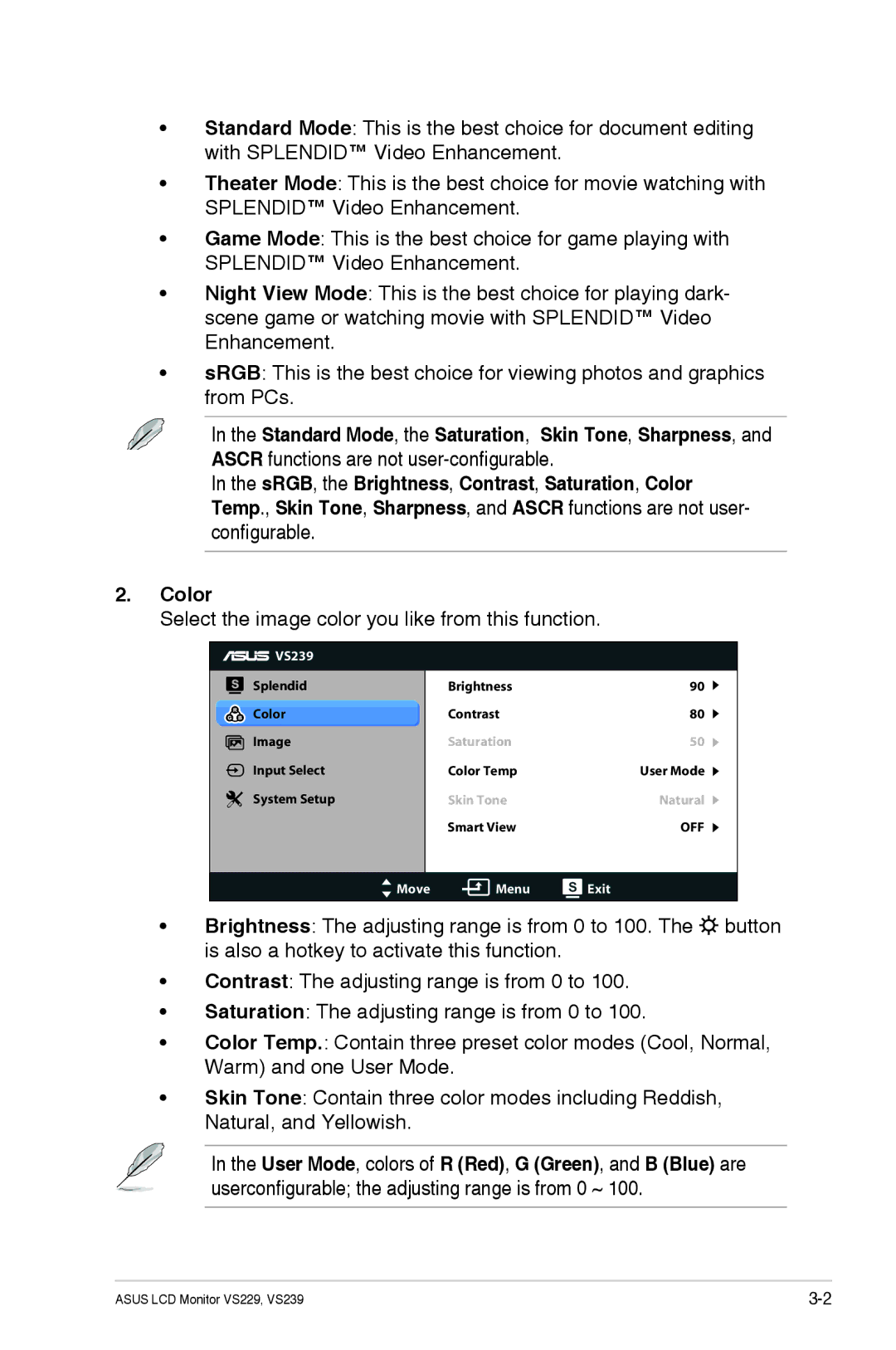 Asus VS239H-P manual Select the image color you like from this function 