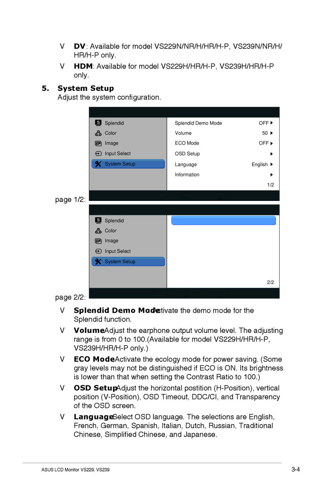 Asus VS239H-P manual System Setup, Adjust the system configuration 1/2 2/2 