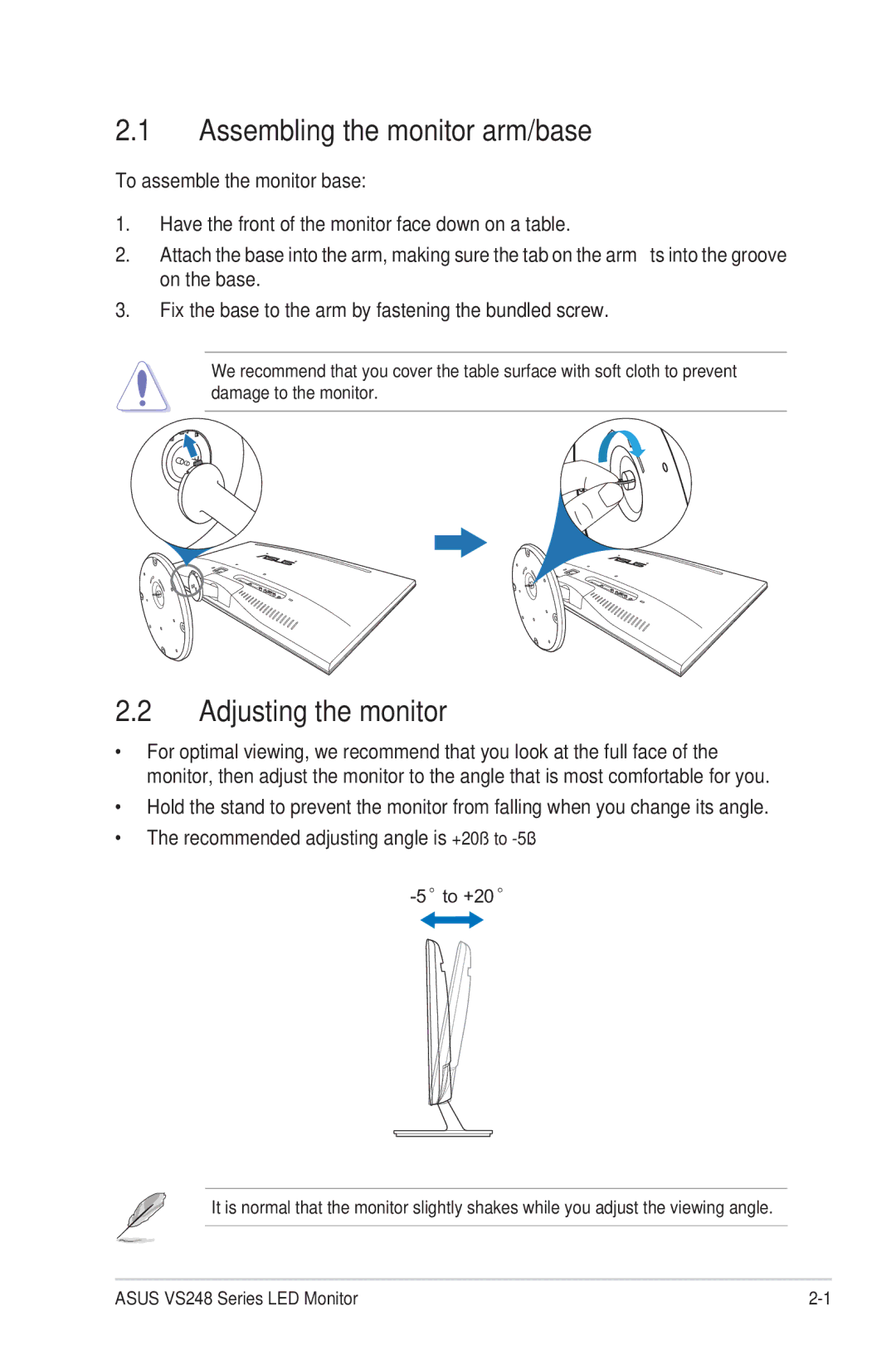 Asus VS248HP manual Assembling the monitor arm/base, Adjusting the monitor 