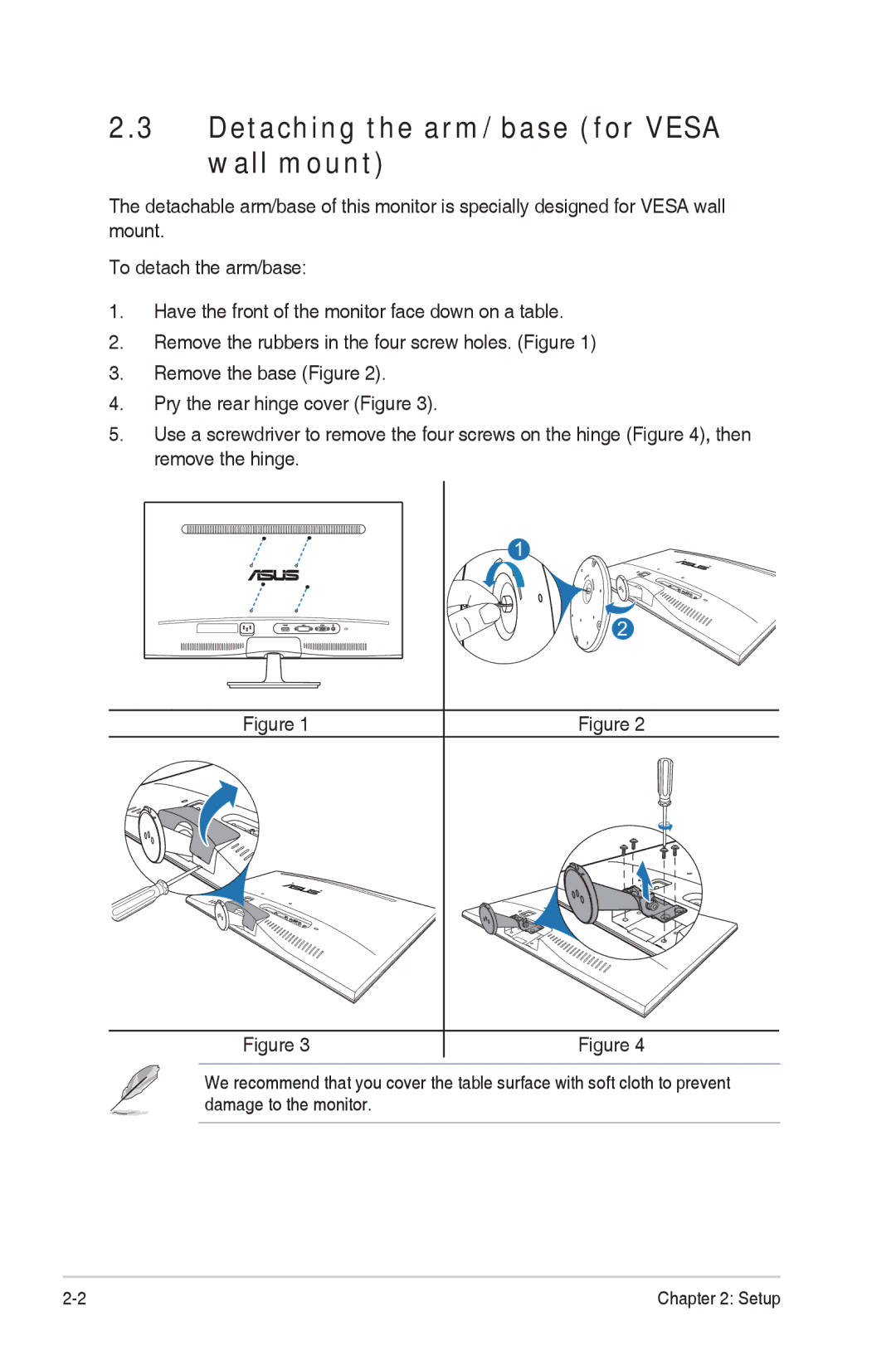 Asus VS248HP manual Detaching the arm/base for Vesa wall mount 