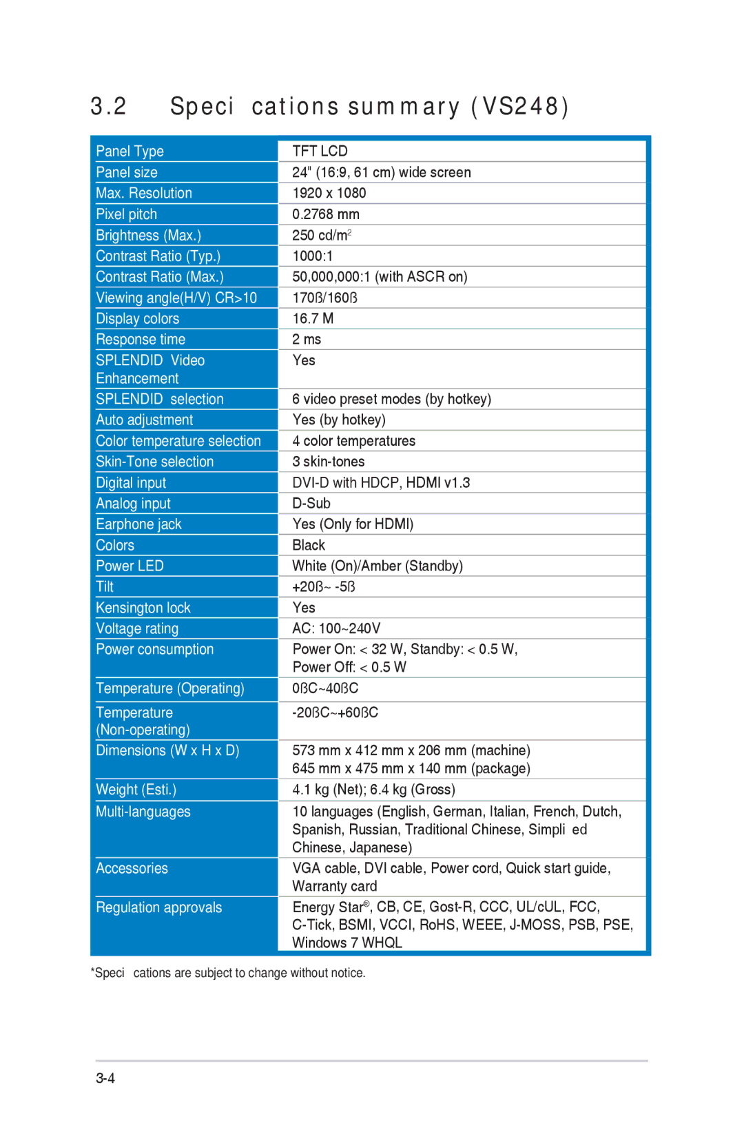 Asus VS248HP manual Speciﬁcations summary VS248, Tft Lcd 