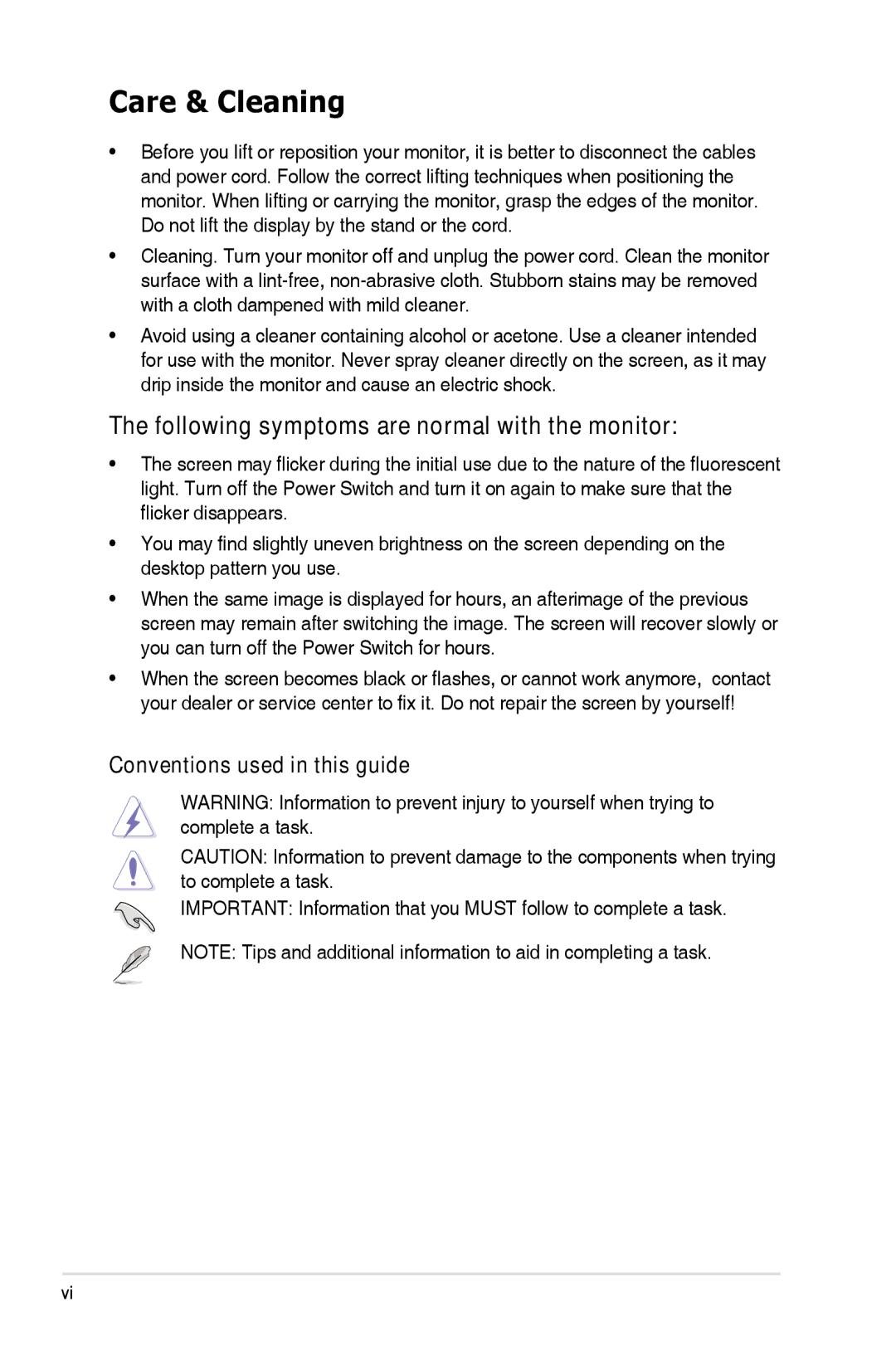 Asus VS248HP manual Care & Cleaning, Following symptoms are normal with the monitor, Conventions used in this guide 