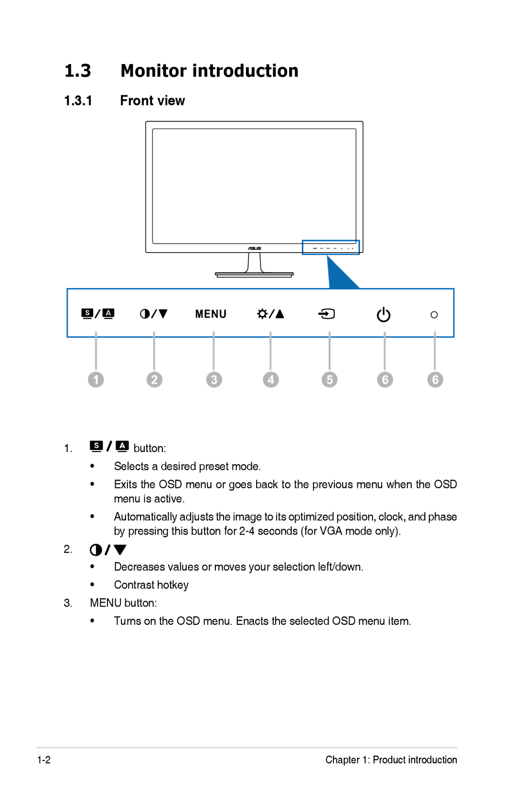 Asus VS248HP manual Monitor introduction, Front view 