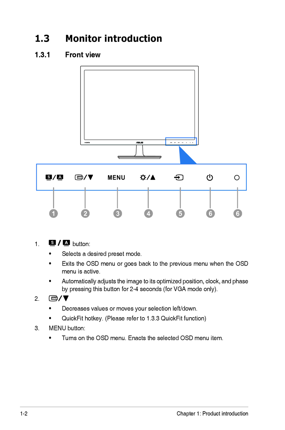 Asus VS24AHP manual Monitor introduction, Front view 