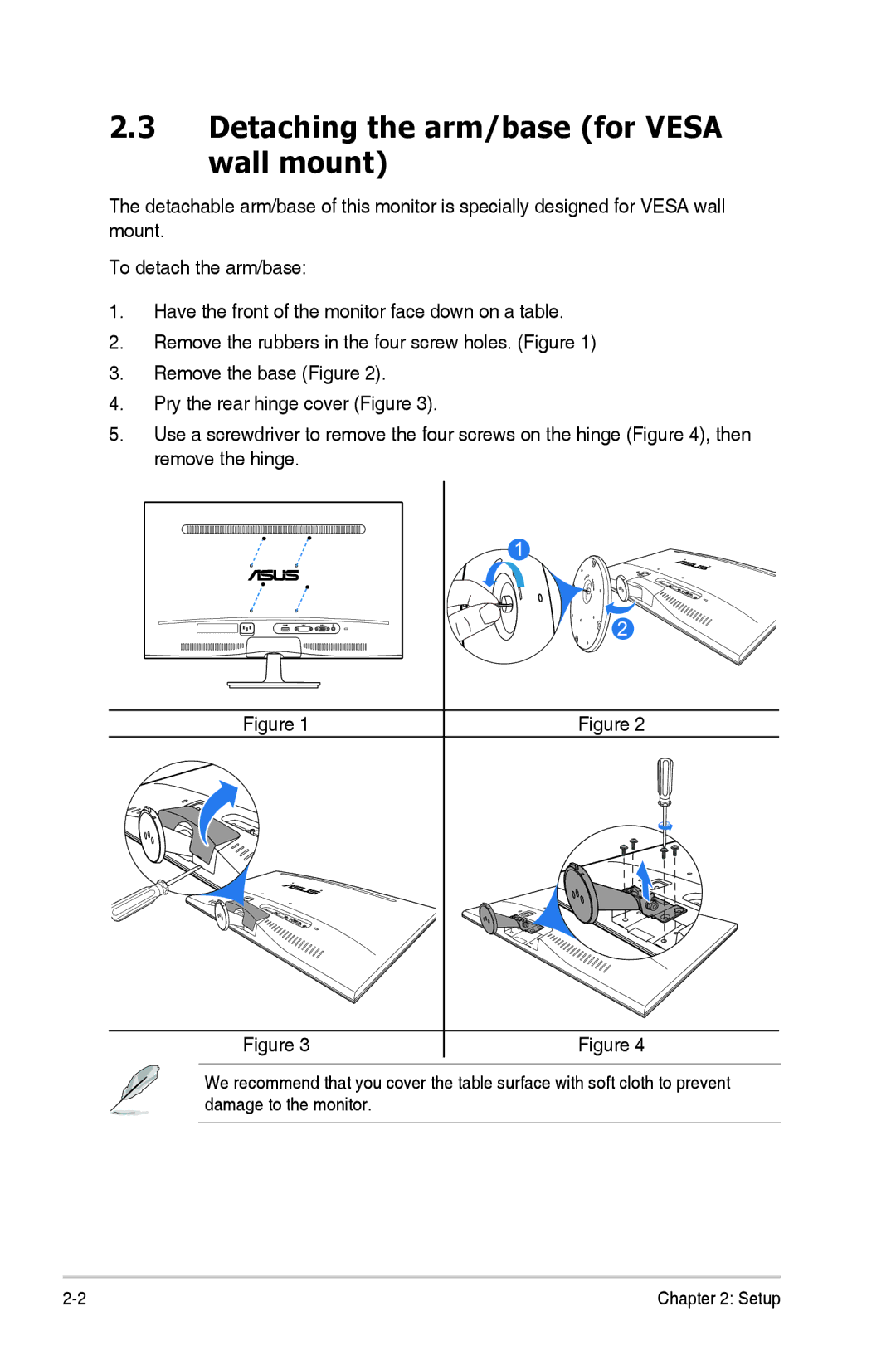 Asus VS24AHP manual Detaching the arm/base for Vesa wall mount 