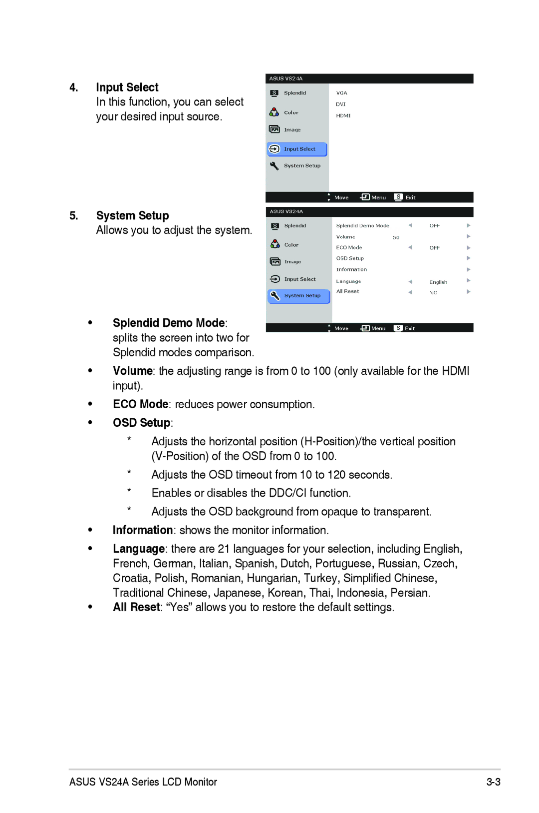 Asus VS24AHP manual Input Select, System Setup, OSD Setup 