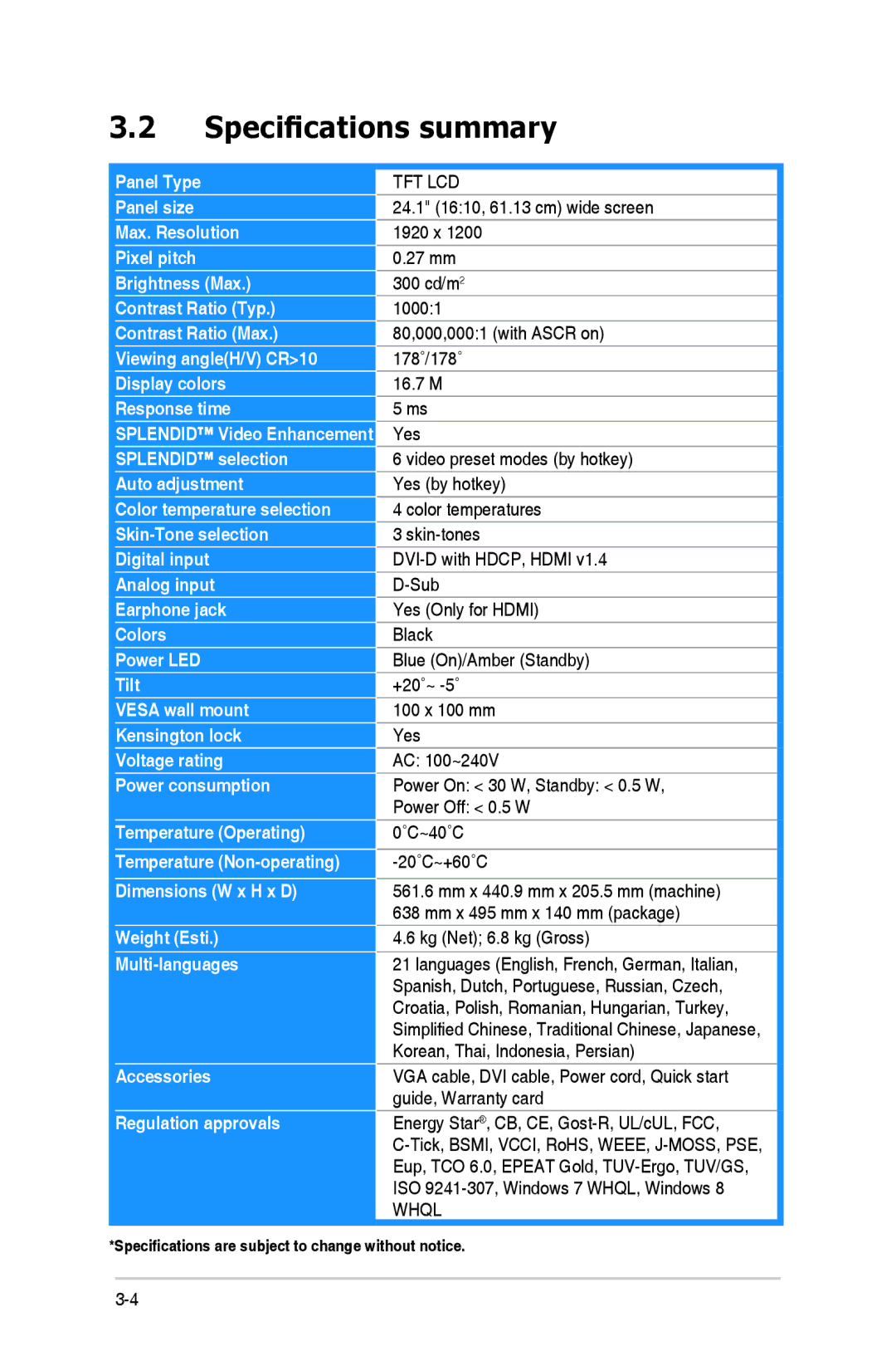 Asus VS24AHP manual Specifications summary, Tft Lcd 