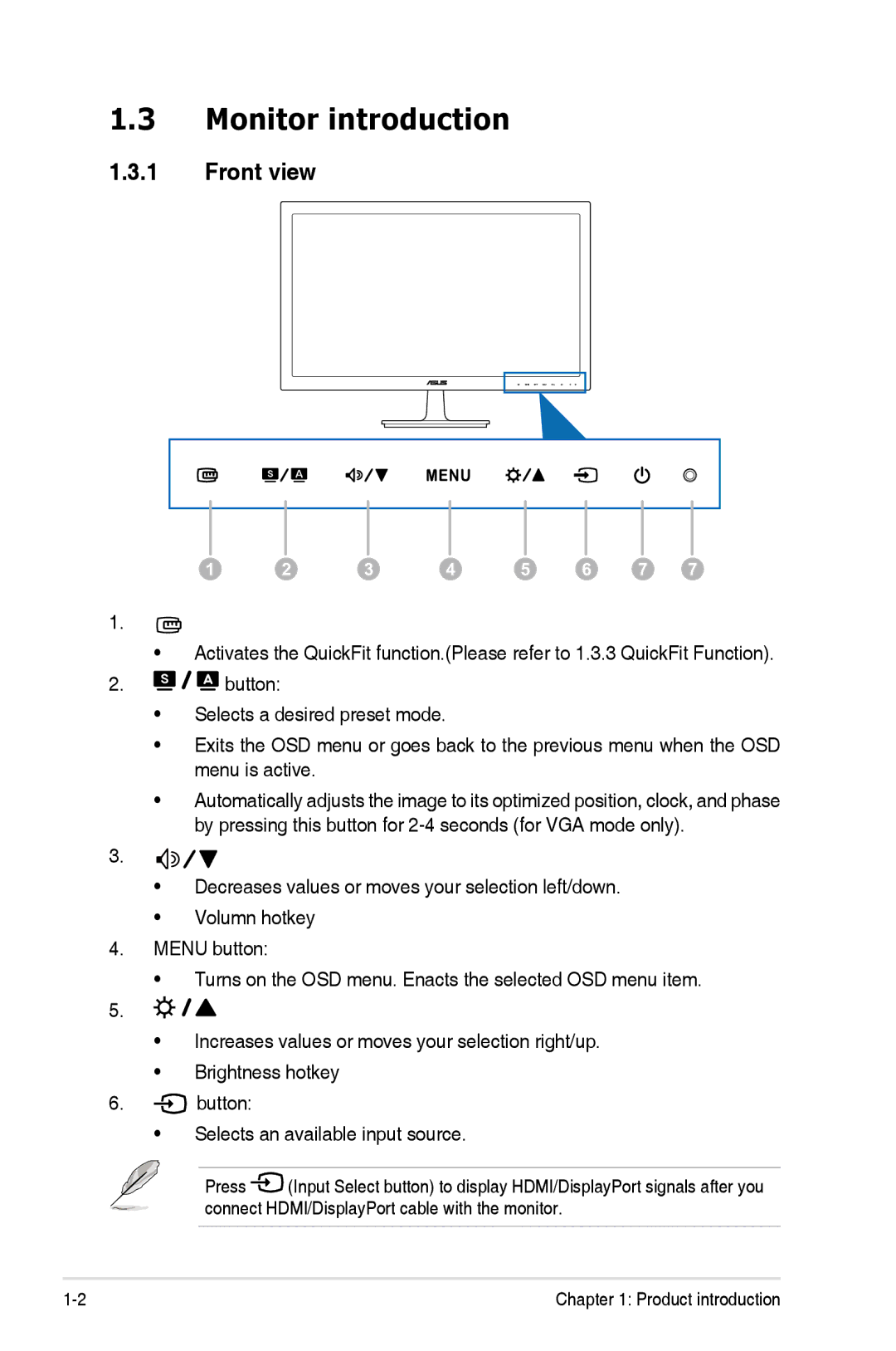 Asus VS278QP manual Monitor introduction, Front view 