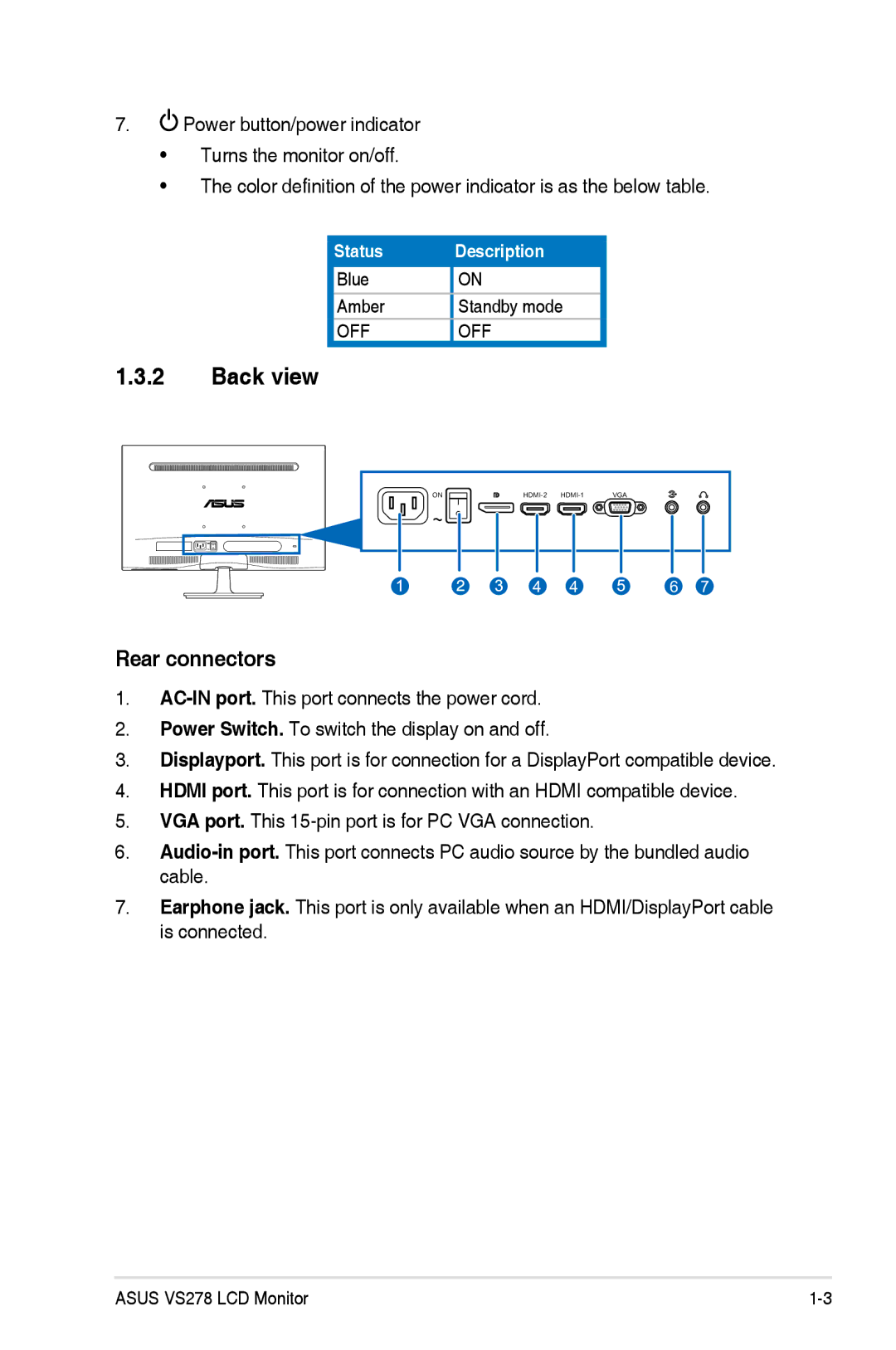 Asus VS278QP manual Back view 