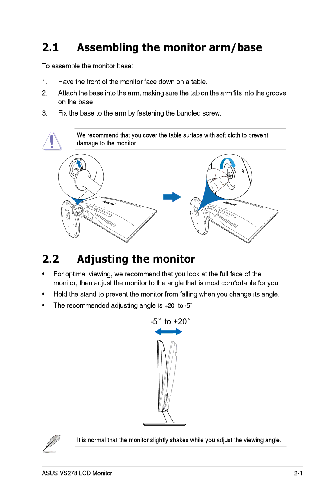 Asus VS278QP manual Assembling the monitor arm/base, Adjusting the monitor 