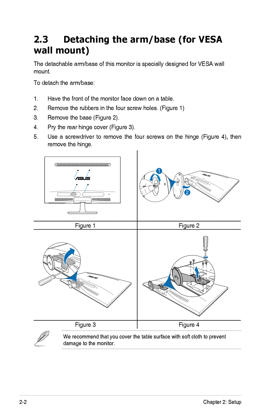 Asus VS278QP manual Detaching the arm/base for Vesa wall mount 