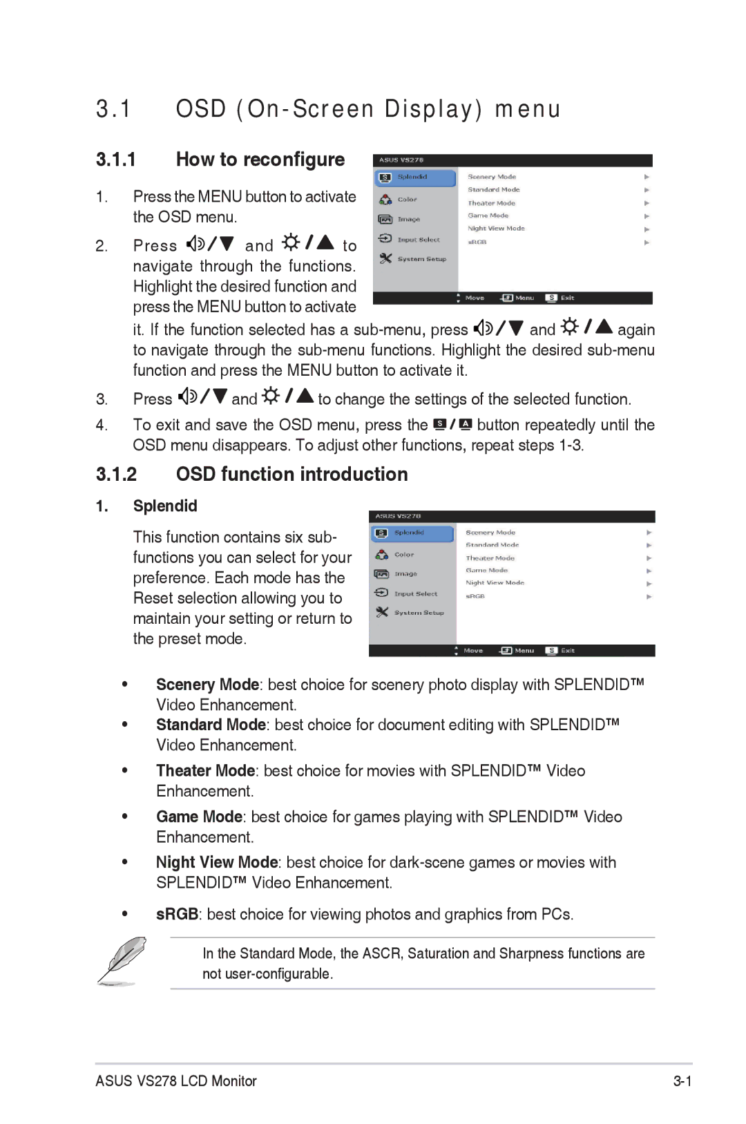 Asus VS278QP manual OSD On-Screen Display menu 