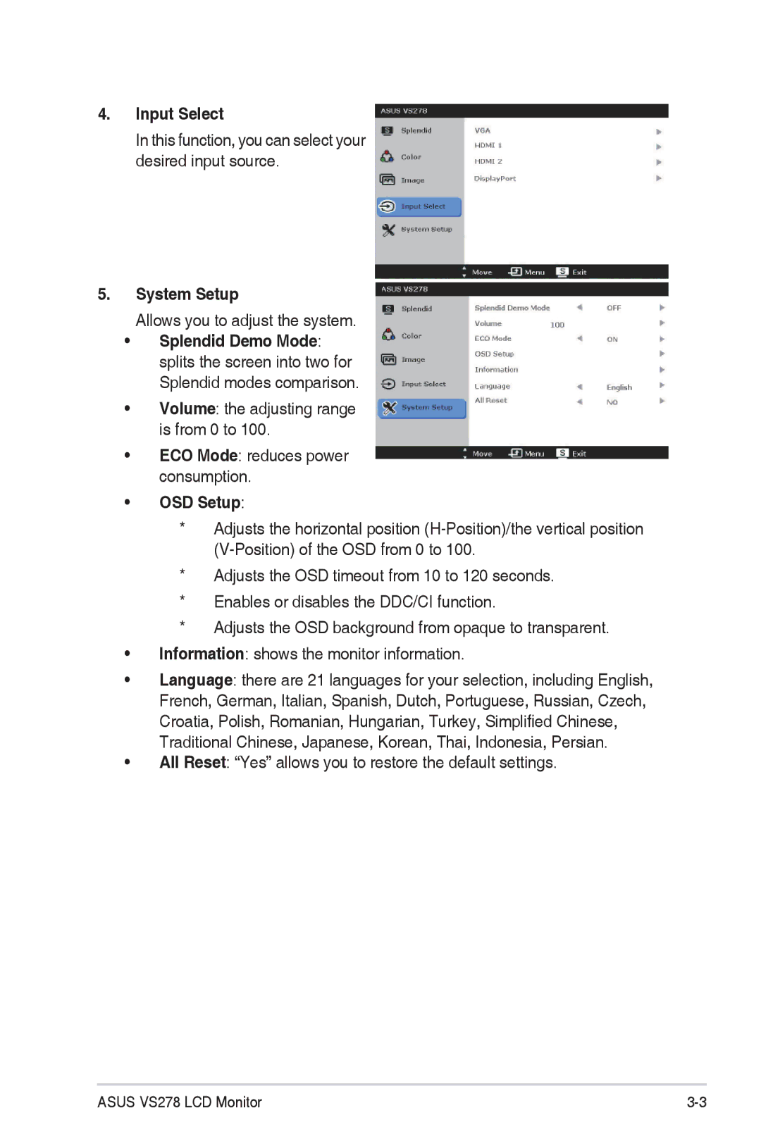 Asus VS278QP manual Input Select 