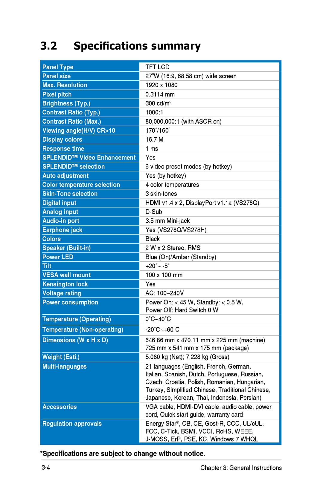 Asus VS278QP manual Specifications summary, Tft Lcd 