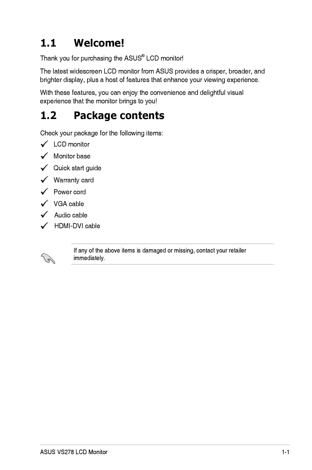 Asus VS278QP manual Welcome, Package contents 