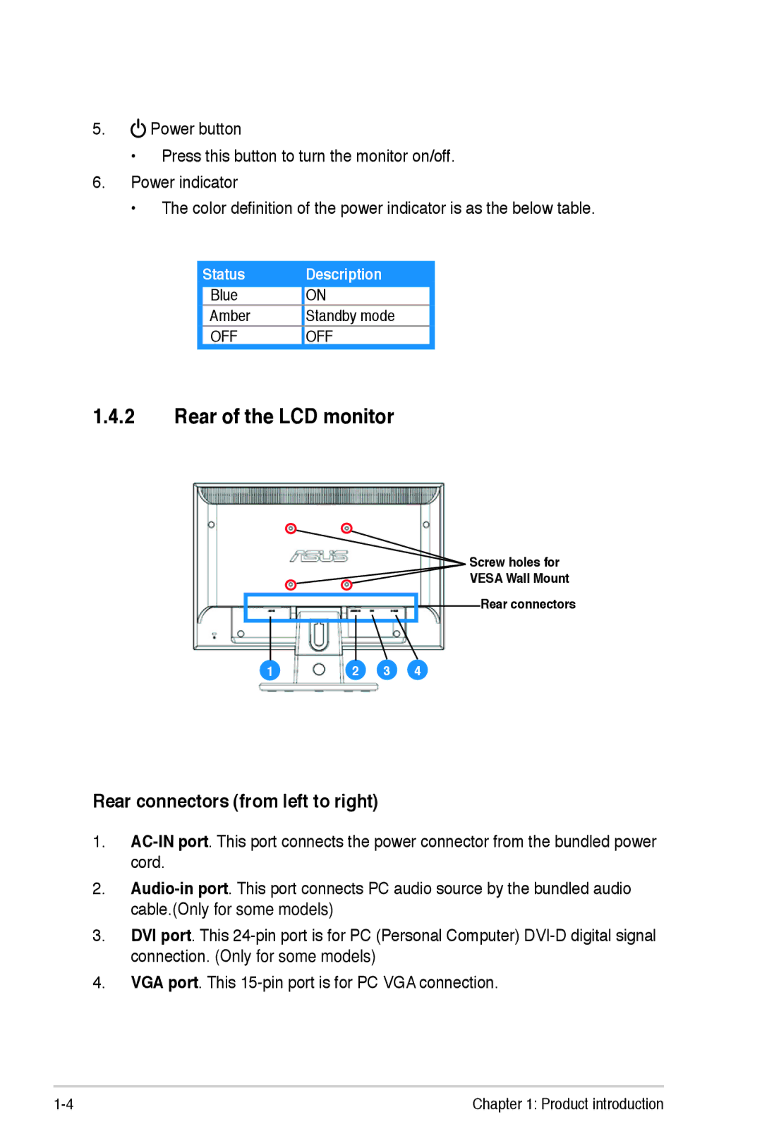 Asus VW 196 manual Rear of the LCD monitor, Rear connectors from left to right 