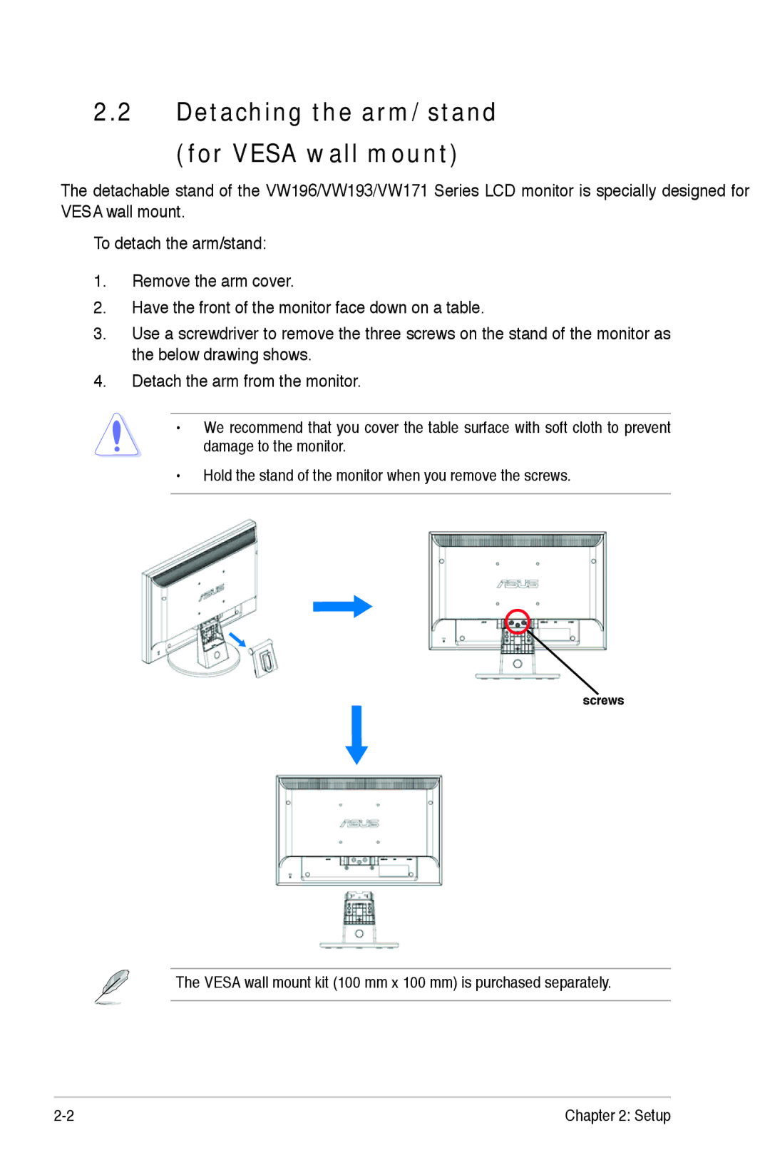 Asus VW 196 manual Detaching the arm/stand For Vesa wall mount 