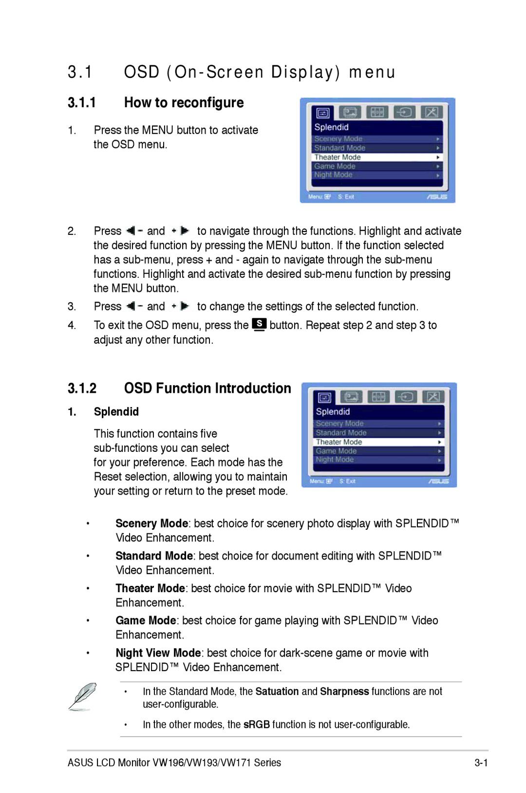 Asus VW 196 manual OSD On-Screen Display menu, How to reconfigure, OSD Function Introduction, Splendid 