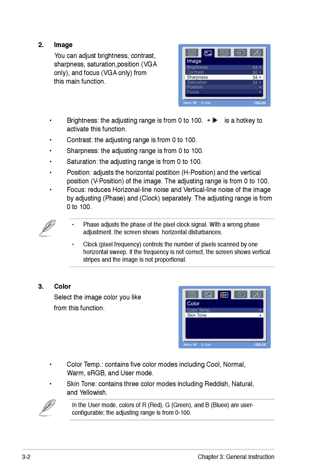 Asus VW 196 manual Image, Color 