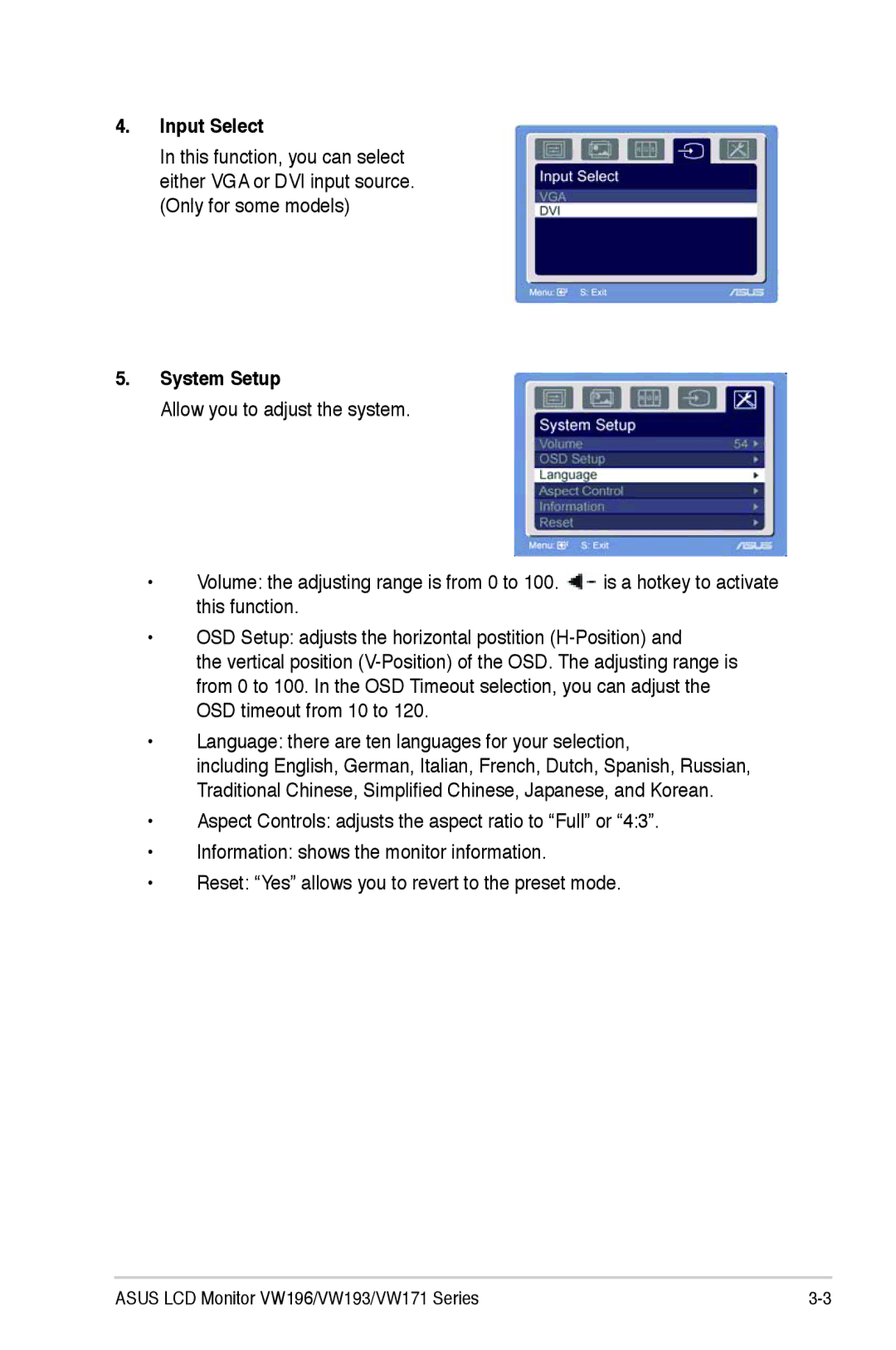 Asus VW 196 manual Input Select, System Setup 