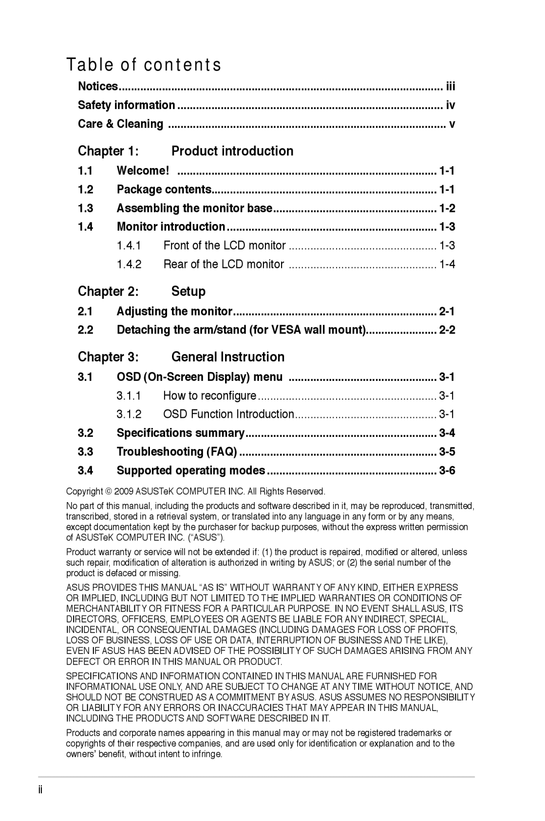 Asus VW 196 manual Table of contents 