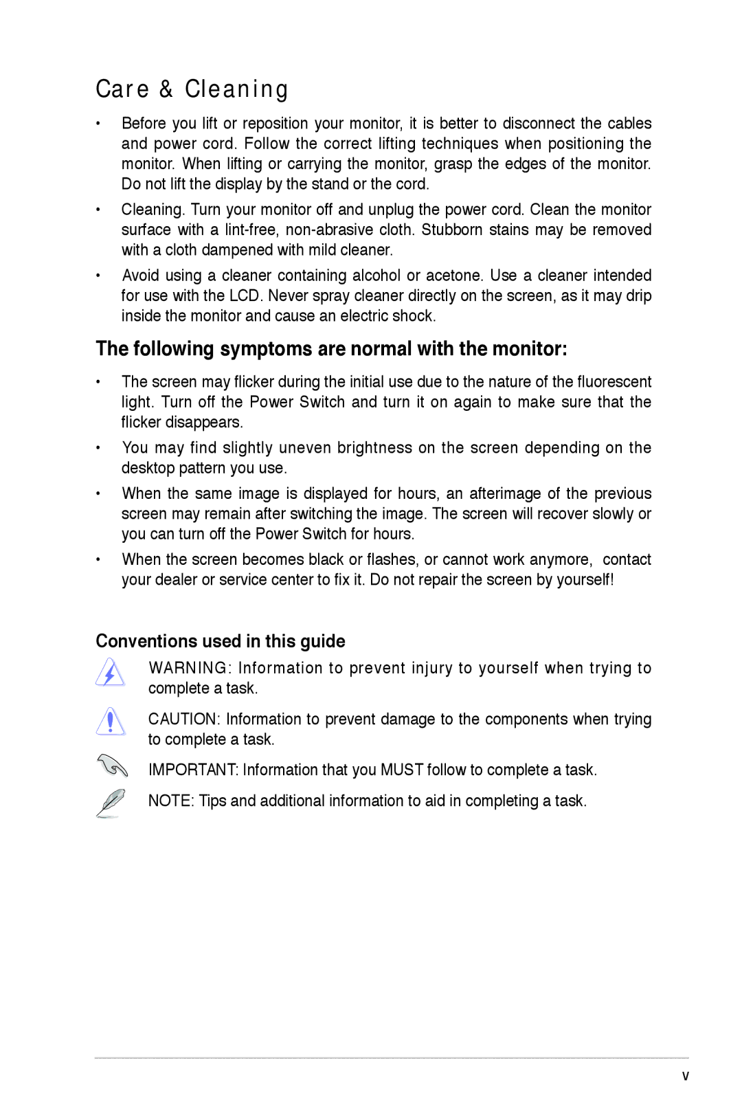 Asus VW 196 manual Care & Cleaning, Following symptoms are normal with the monitor, Conventions used in this guide 