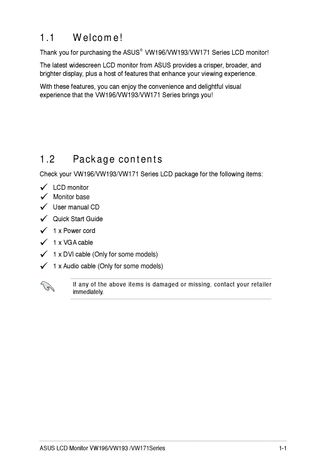 Asus VW 196 manual Welcome, Package contents 