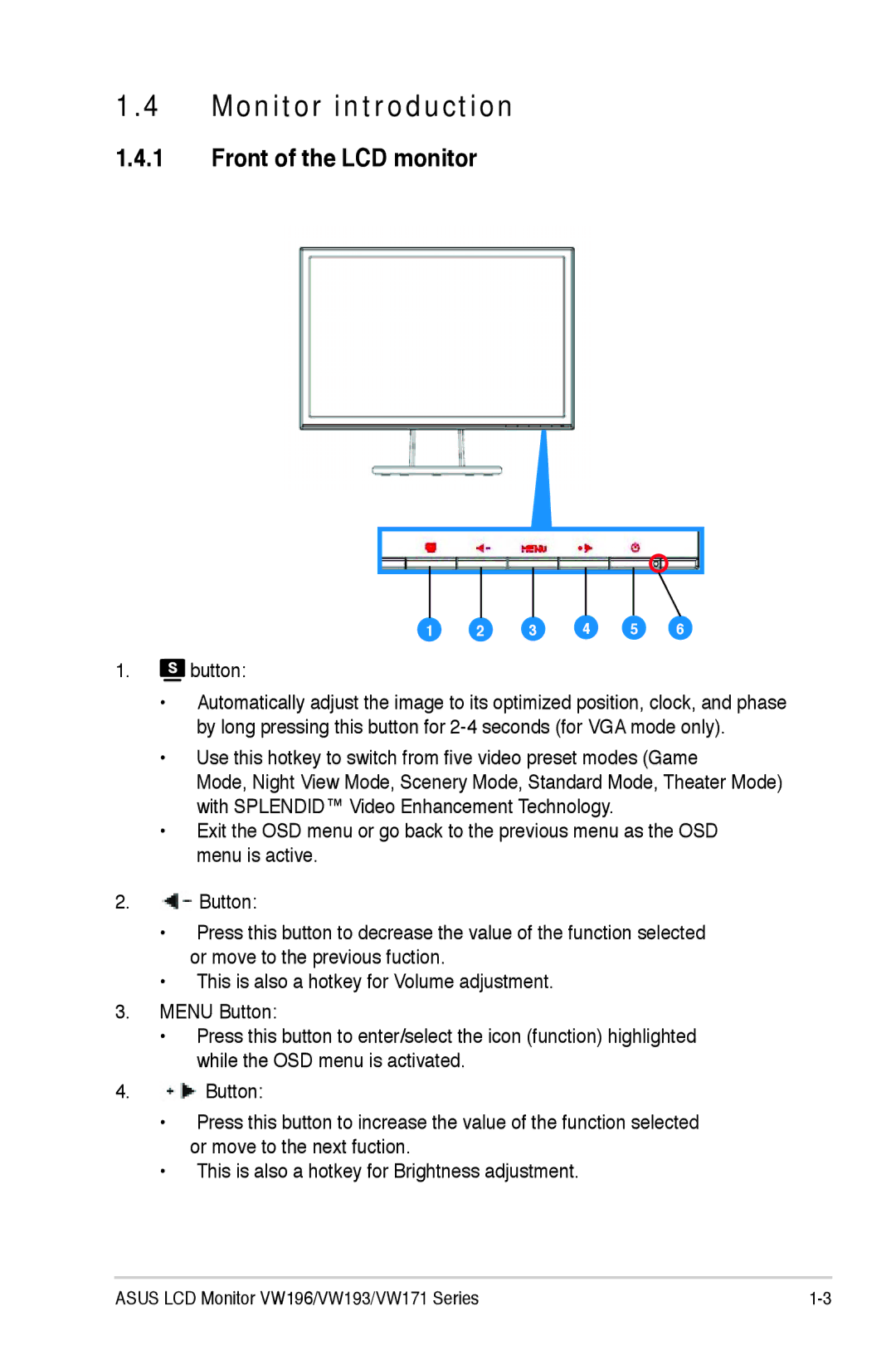 Asus VW 196 manual Monitor introduction, Front of the LCD monitor 