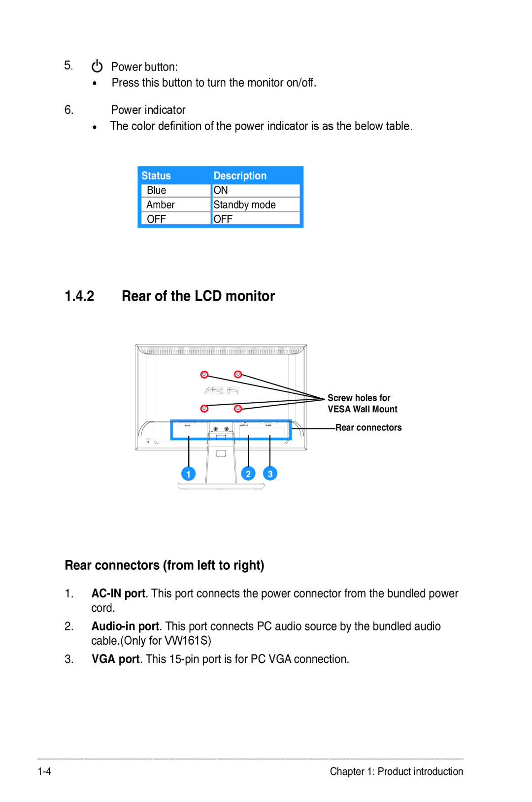 Asus VW161 manual Rear of the LCD monitor, Rear connectors from left to right 