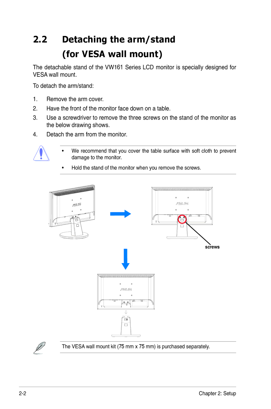 Asus VW161 manual Detaching the arm/stand For Vesa wall mount 