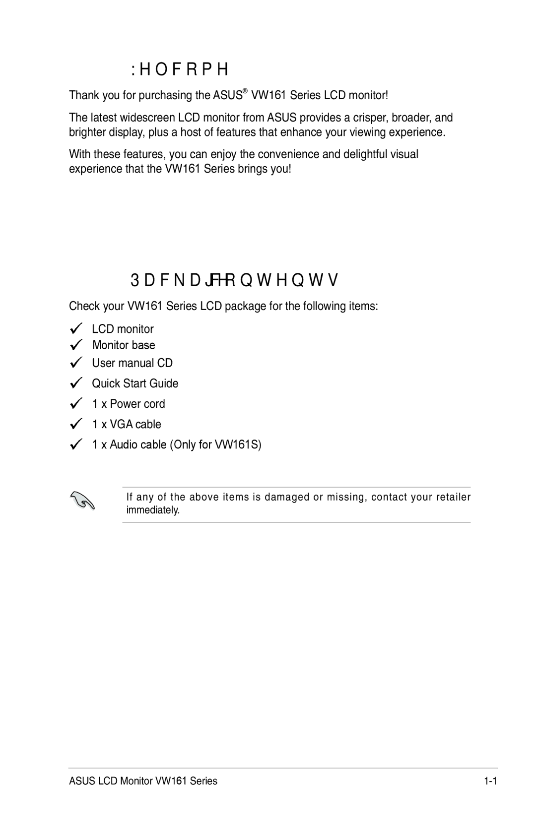 Asus VW161 manual Welcome, Package contents 