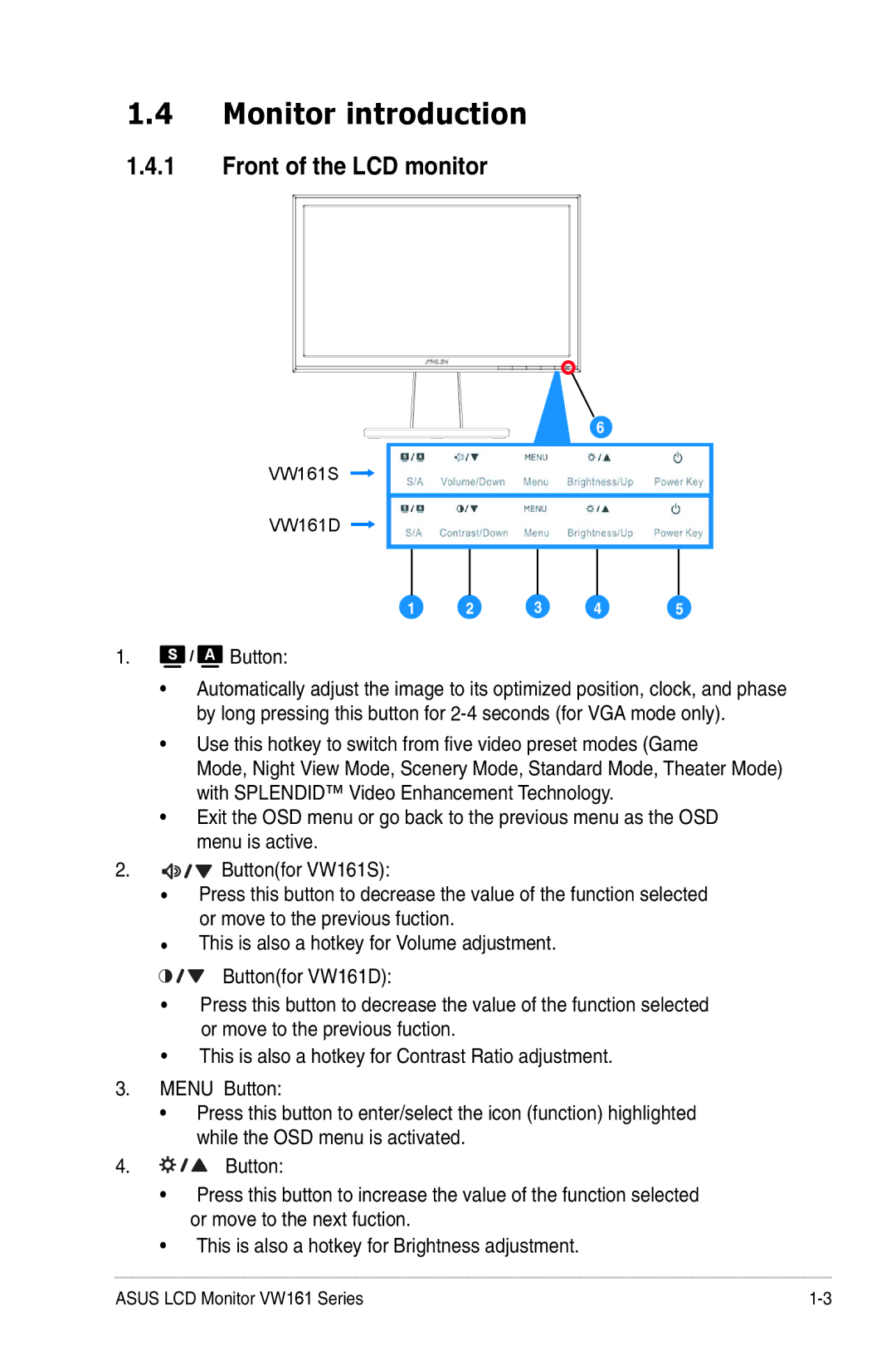 Asus VW161 manual Monitor introduction, Front of the LCD monitor 