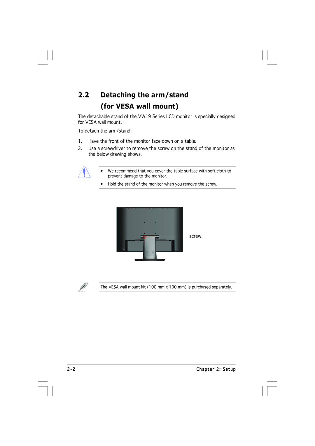 Asus VW19 manual Detaching the arm/stand For Vesa wall mount 